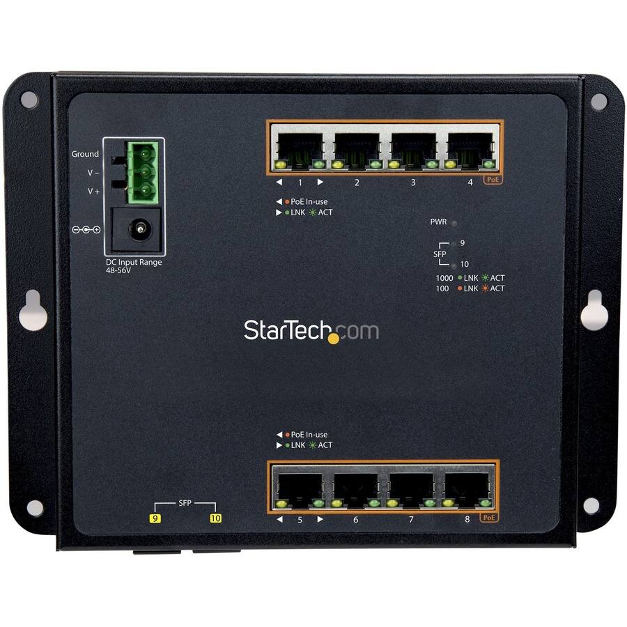 Ground  
- V-  
- V+  
DC Input Range 48-56V  

1 PoE In-use LNK ACT  
2  
3  
4 POE  

PWR  

9 SFP  
10 1000 LNK ACT  
100 LNK ACT  

StarTech.com  

5  
6  
7  
8 POE