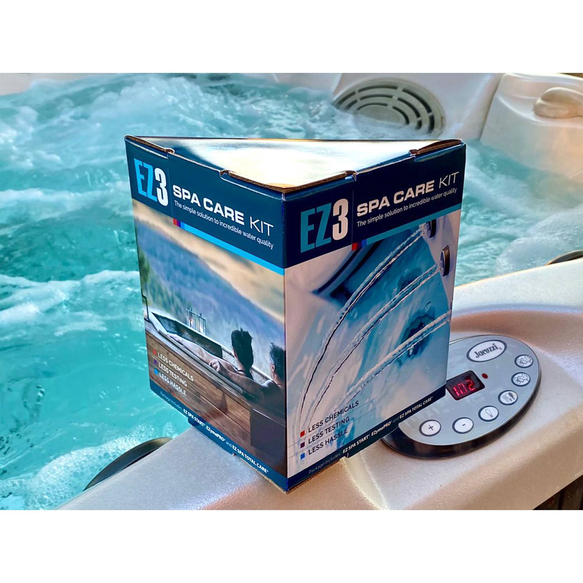 EZ3 SPA CARE KIT  
The simple solution to incredible water quality  

LESS CHEMICALS  
LESS TESTING  
LESS HASSLE  

EZ3 START  
102 L