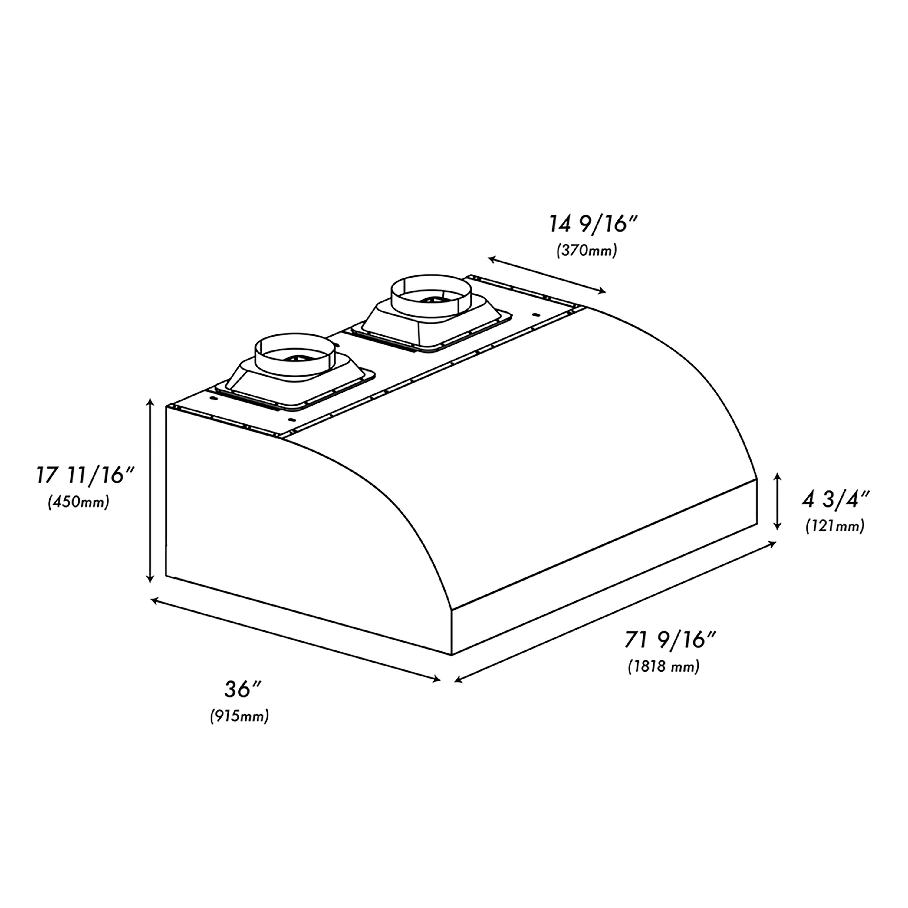 14 9/16" (370mm)  
17 11/16" (450mm)  
4 3/4" (121mm)  
36" (915mm)  
71 9/16" (1818 mm)