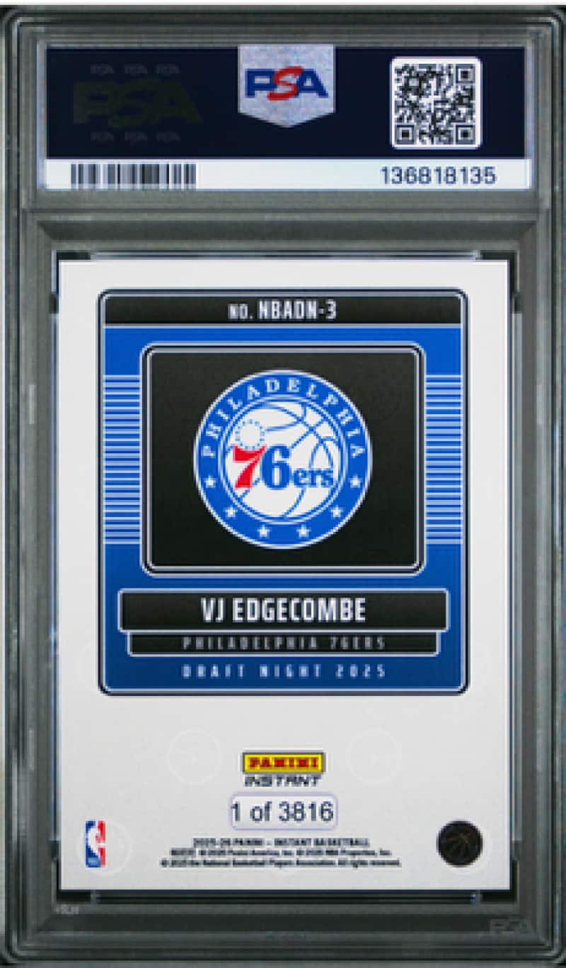 VJ Edgecombe Rookie Card 2025 Panini Instant NBA Draft Night #3 PSA 10