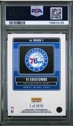VJ Edgecombe Rookie Card 2025 Panini Instant NBA Draft Night #3 PSA 10