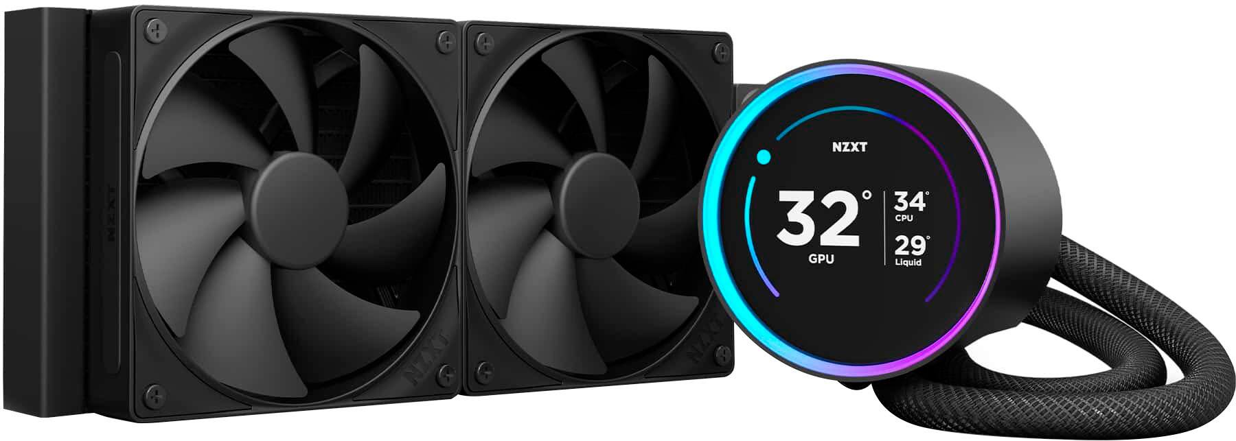 I have a NZXT CPU cooler and a GPU cooler that are both black and silver. The CPU cooler has a fan with a speed of 34, while the GPU cooler has a fan with a speed of 32. The temperature of the CPU cooler is 32.2 degrees Celsius, and the temperature of the GPU cooler is 32.4 degrees Celsius.
