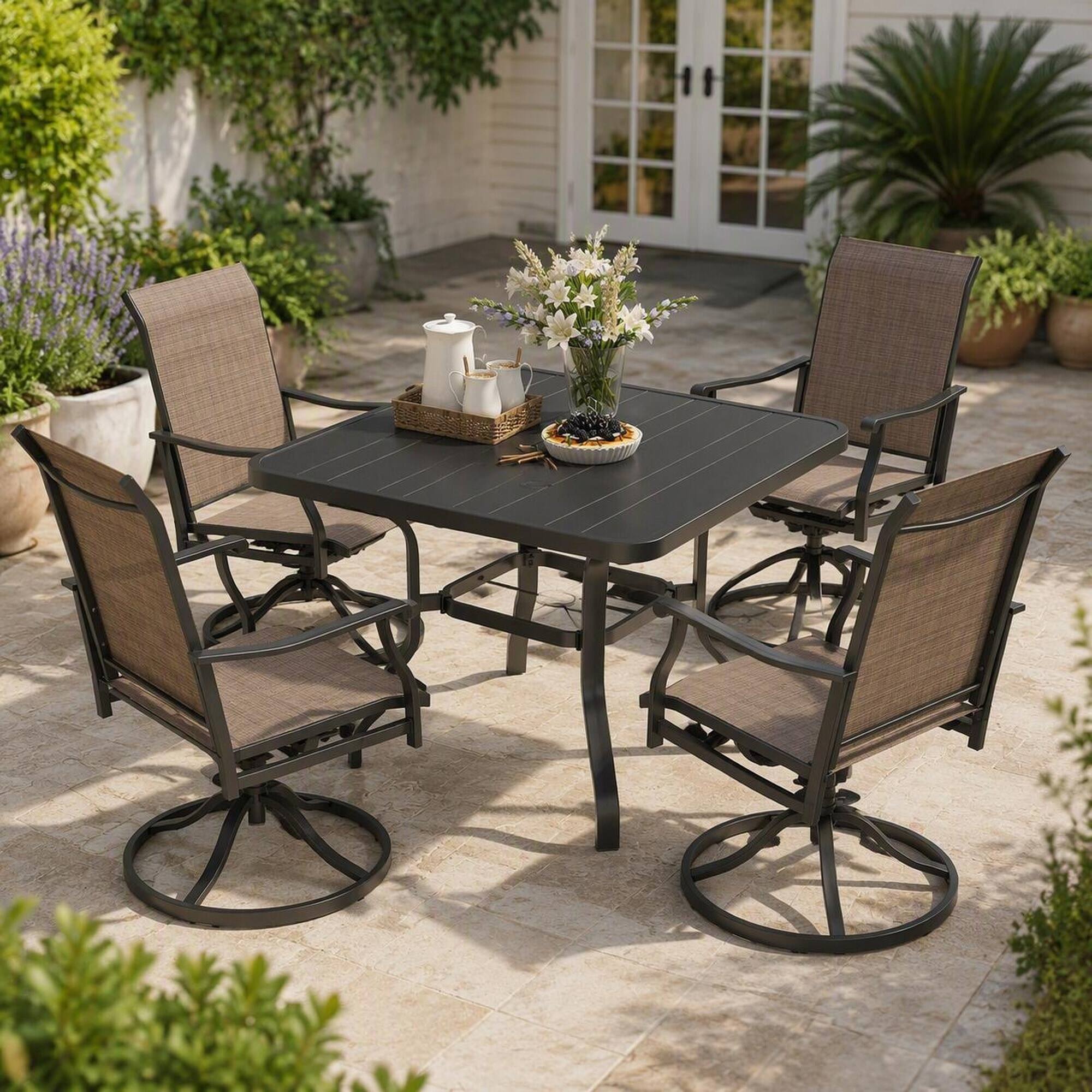 Left. RYHNUYNE - 35"Square Outdoor Dining Table,Outdoor Patio Table With Umbrella Hole for Garden Backyard Poolside - Black.
