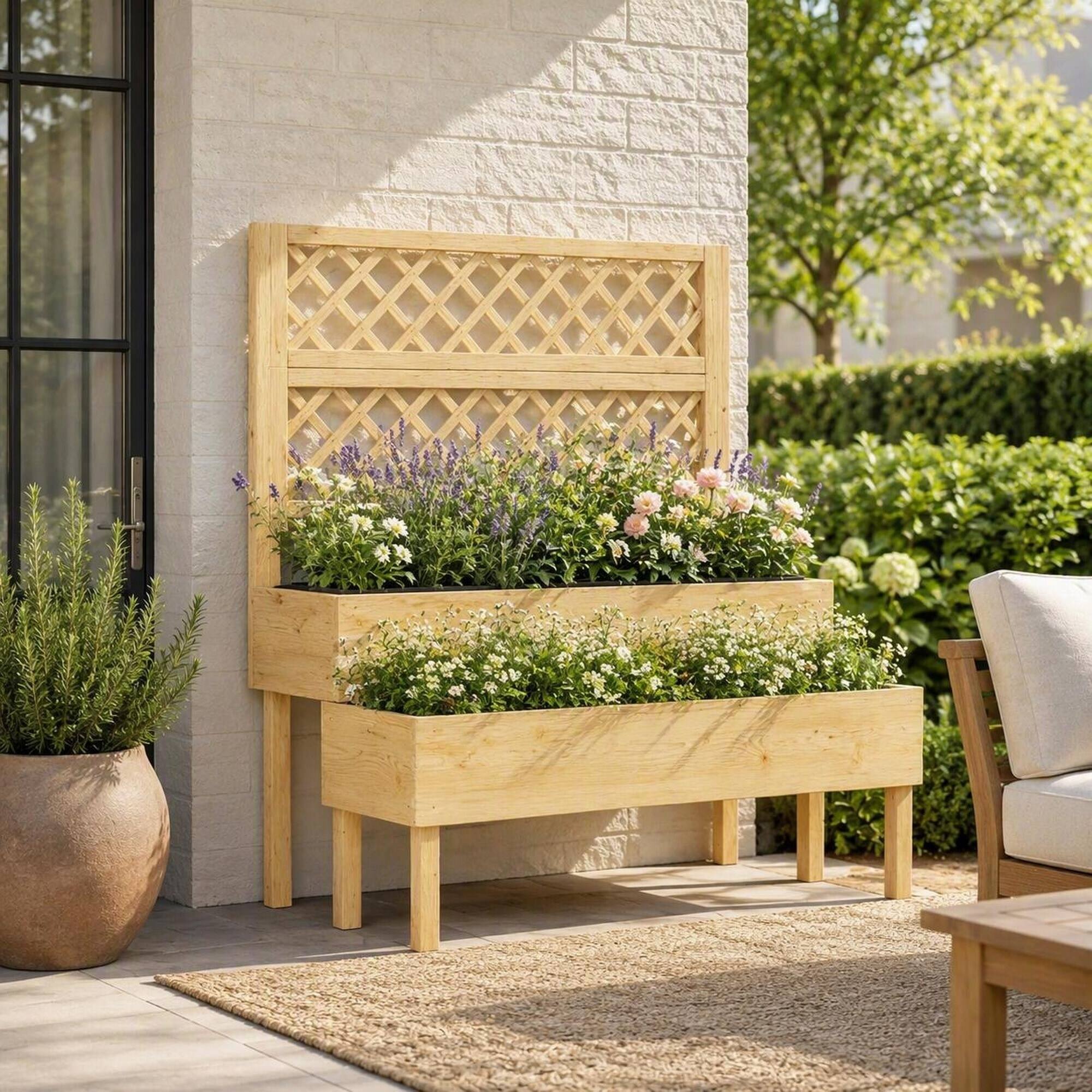 Left. RYHNUYNE - Fir Wood Elevated Planter Box with Trellis for Patio, 42.5x24.4x47.2 Inch Outdoor Raised Garden Bed for Climbing - Natural Wood.
