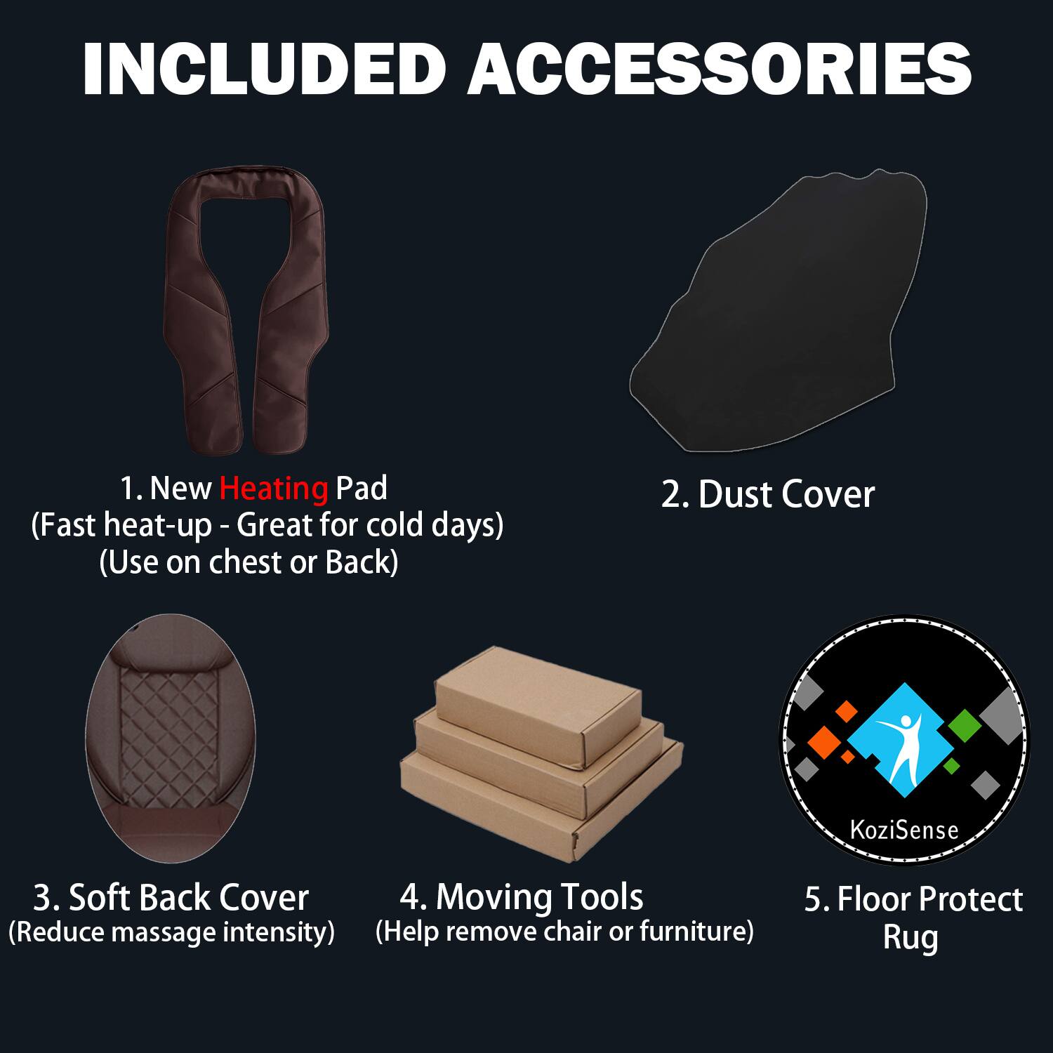 INCLUDED ACCESSORIES

1. New Heating Pad (Fast heat-up - Great for cold days) (Use on chest or Back)
2. Dust Cover
3. Soft Back Cover
4. Moving Tools (Reduce massage intensity) (Help remove chair or furniture)
5. Floor Protect Rug