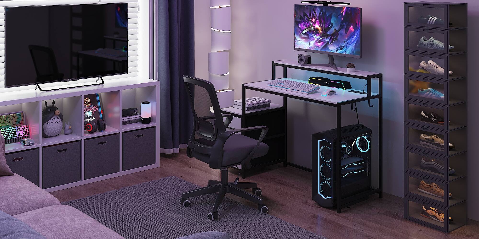 Alt View 9. Famapy - Gaming Desk with RGB Lights, Built-in Power Outlets, Cable Management & Storage for Immersive Setup - White & Black.