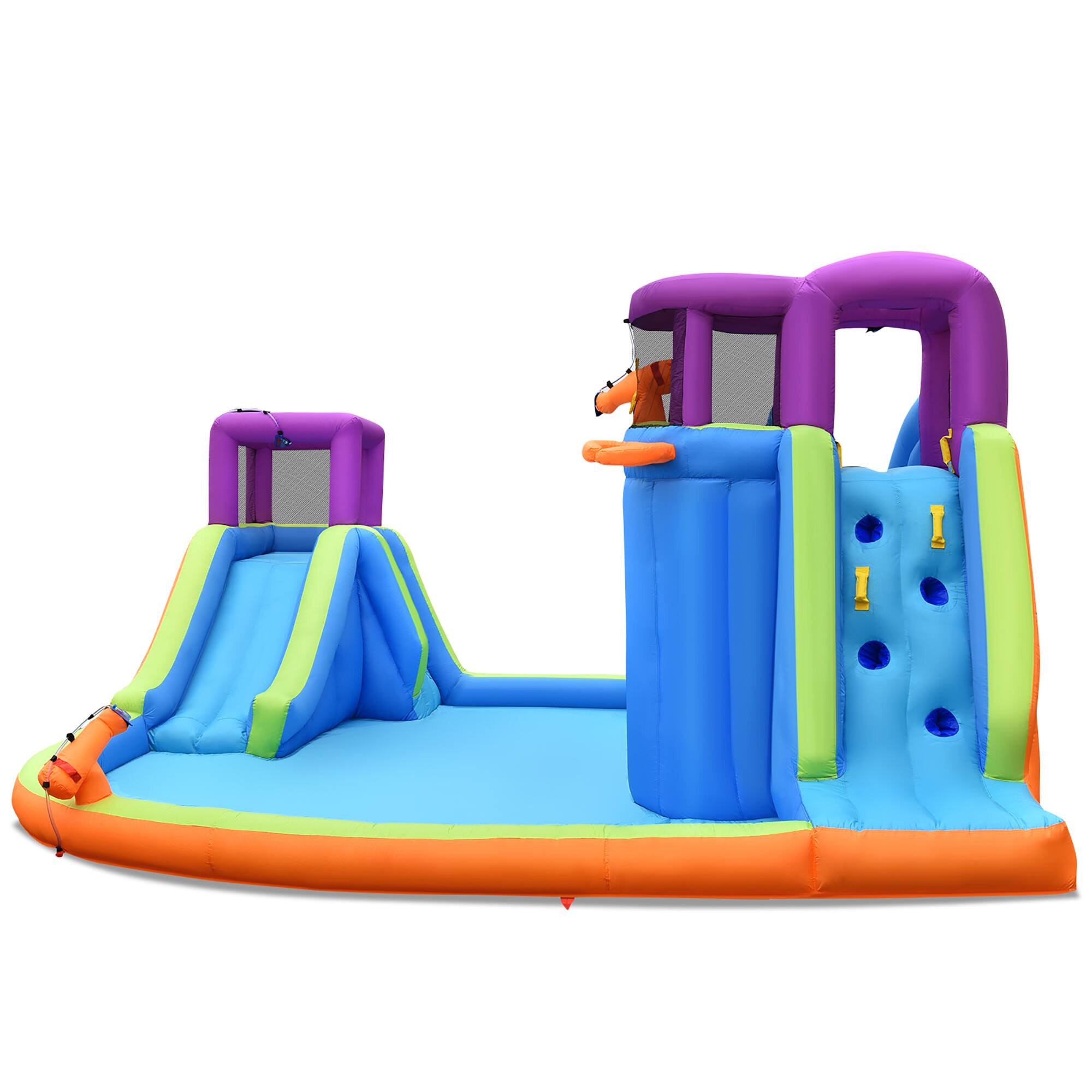 Back. Costway - 6 in 1 Inflatable Dual Slide Water Park Climbing Bouncer Without Blower - Multicolor.