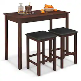 Costway - 3 PCS Bar Table Set Dining Table & 2 PVC Leather Upholstered Bar Stools Rustic - Brown+Black