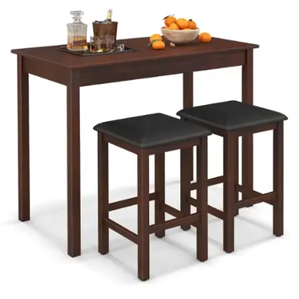 Front. Costway - 3 PCS Bar Table Set Dining Table & 2 PVC Leather Upholstered Bar Stools Rustic - Brown+Black.