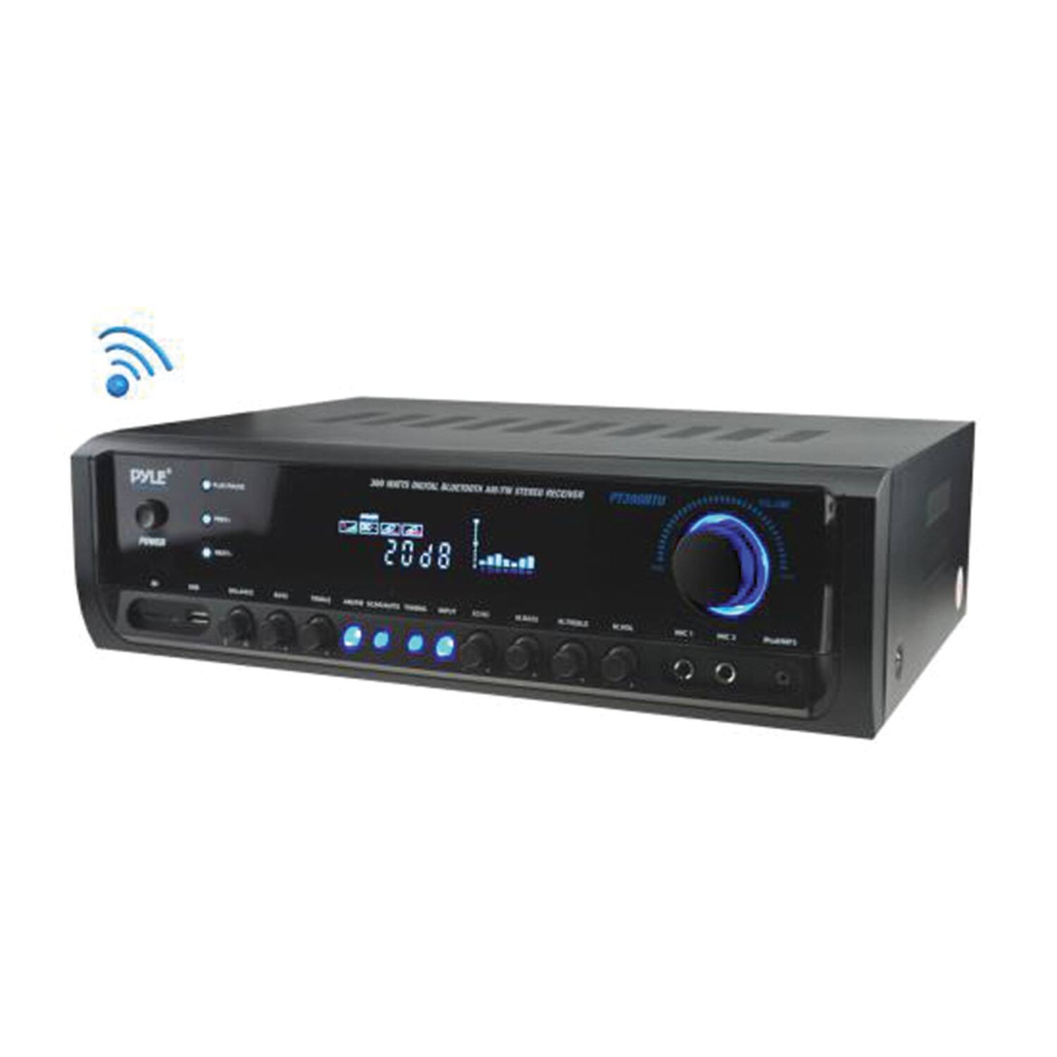 The image features a Pyle brand stereo system with a blue display. The stereo system is equipped with a radio, a clock, and a USB port. The device also has a remote control and a speaker. The stereo system is designed to provide a convenient and enjoyable listening experience for its users.