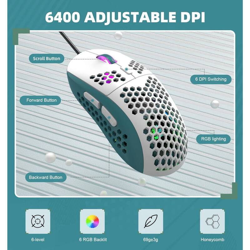 6400 Adjustable DPI  
Scroll Button  
6 DPI Switching  
Forward Button  
Backward Button  
RGB Lighting  
6-level  
6 RGB Backlit  
69g±3g  
Honeycomb