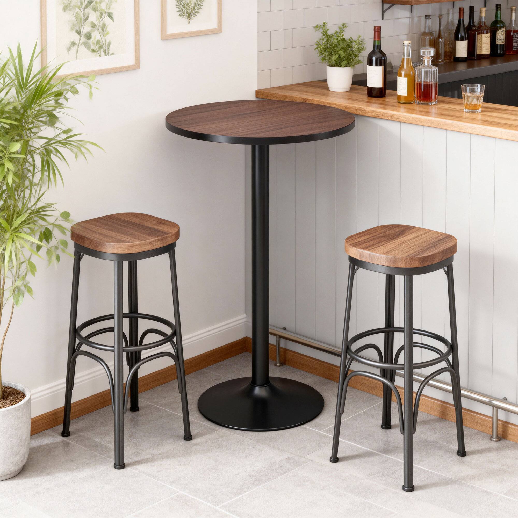 Alt View 1. Homcom - 42" H Bar Height Round Bar Table, Rustic Industrial Pub Table, Elm Wood Top Bistro Table with Metal Base - Black, Brown.
