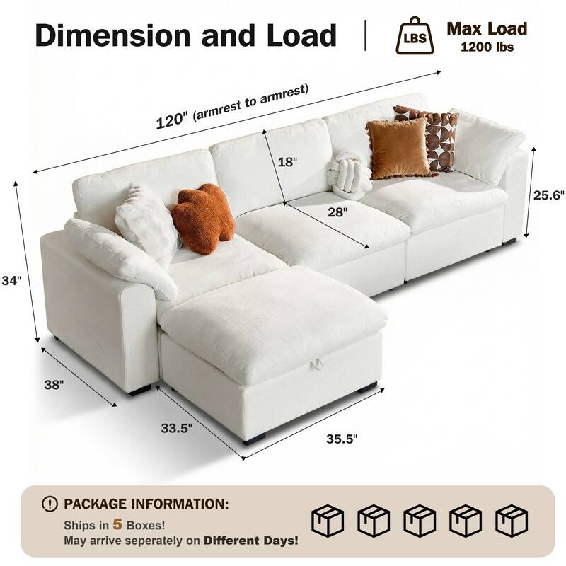 Dimension and Load  
Max Load: 1200 lbs  

120" (armrest to armrest)  
18"  
28"  
25.6"  
34"  
38"  
33.5"  
35.5"  

PACKAGE INFORMATION:  
Ships in 5 Boxes!  
May arrive separately on Different Days!