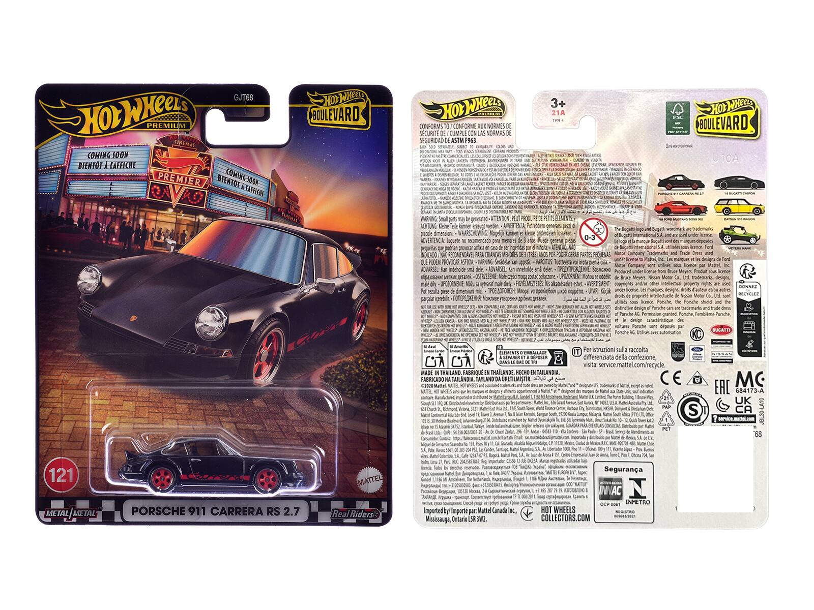 **Front of the Package:**

- **Hot Wheels Premium**
- **Coming Soon**
- **Bientôt à l'échiquier**
- **Premier**
- **GJ68**
- **Boulevard**
- **Porsche 911 Carrera R 2.7**
- **121**
- **Metal/Metal**
- **Real Riders**
- **3+**
- **21A**
- **Made in Thailand**
- **FSC Certified**
- **EAC 684173-A**
- **UK Soul**
- **Suna Amu ala K Moe**

**Back of the Package:**

- **Hot Wheels Boulevard**
- **Conforms to/Conforme aux normes de sécurité ASTM F963**
- **3+**
- **21A**
- **Warning: Small parts. Not for children under 3 years.**
- **Advertencia: Pequeños componentes. No es adecuado para niños menores de 3 años.**
- **Avertissement: Petite pièce. Ne convient pas aux enfants de moins de 3 ans.**
- **WARSCHOWUNG: Kleine Teile