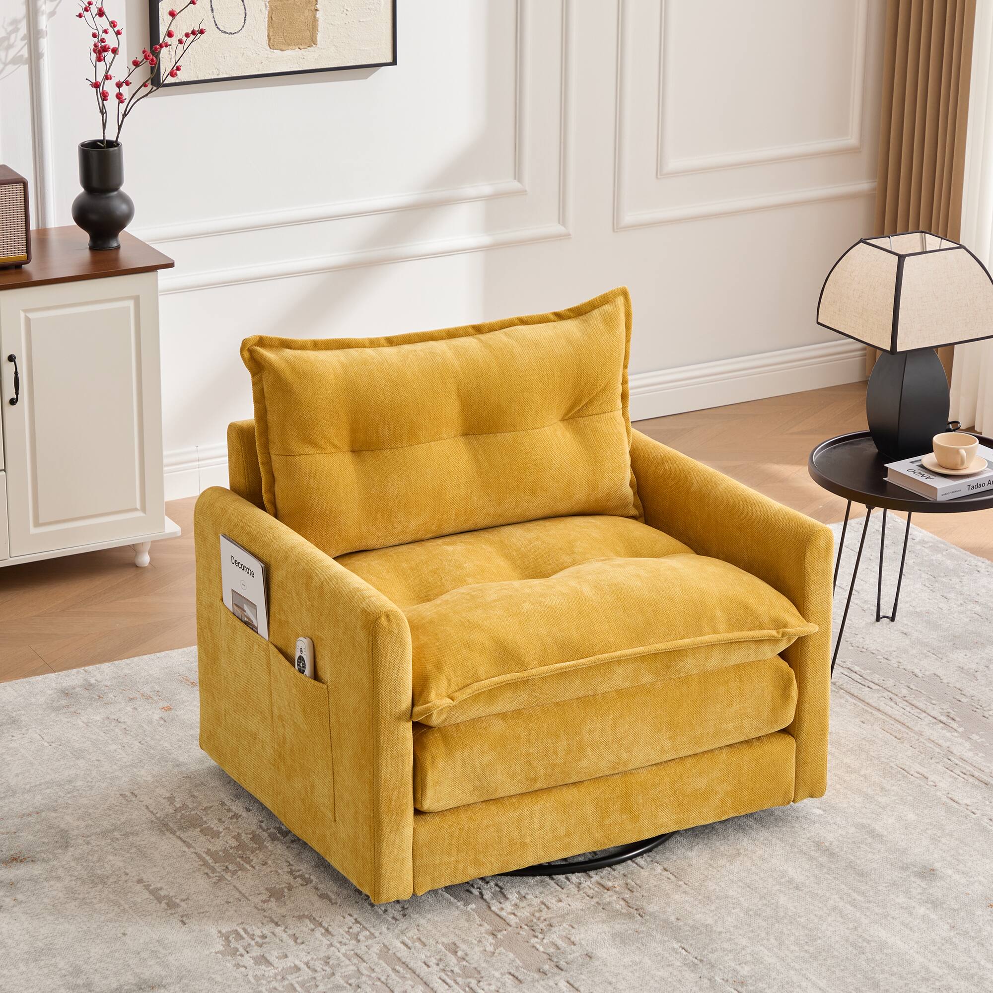 Chery Life - Chenille Swivel Arm Chair with Solid Metal Base for Living Room Bedroom - Yellow