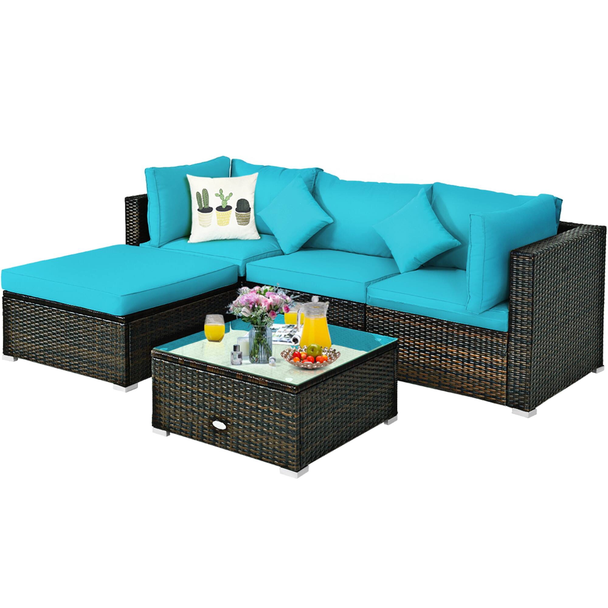 Alt View 7. Gymax - Gymax 5PCS Rattan Patio Conversation Set Outdoor Furniture Set w/ Ottoman Turquoise Cushion - Turquoise.