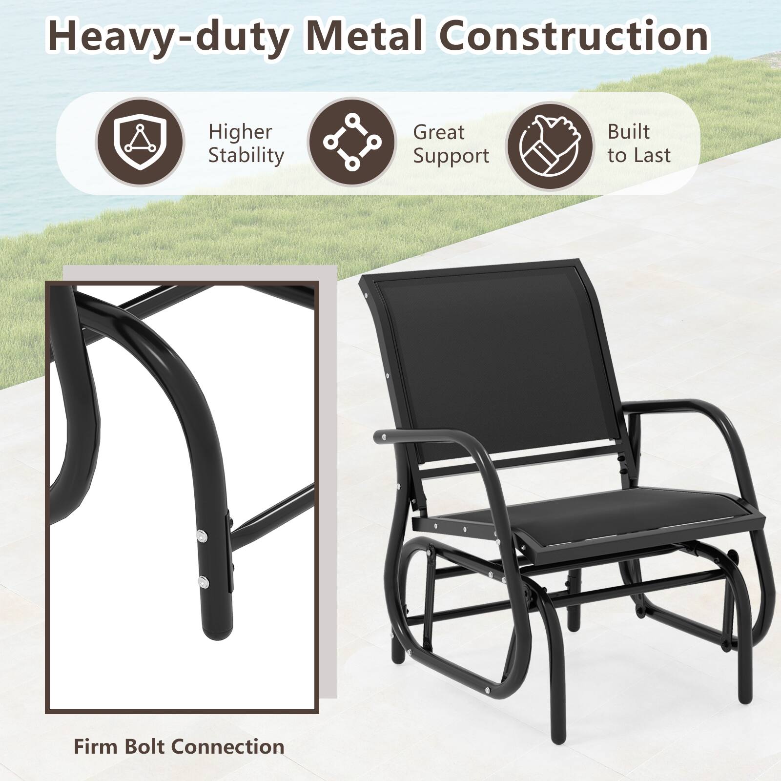 Heavy-duty Metal Construction

- Higher Stability
- Great Support
- Built to Last

Firm Bolt Connection