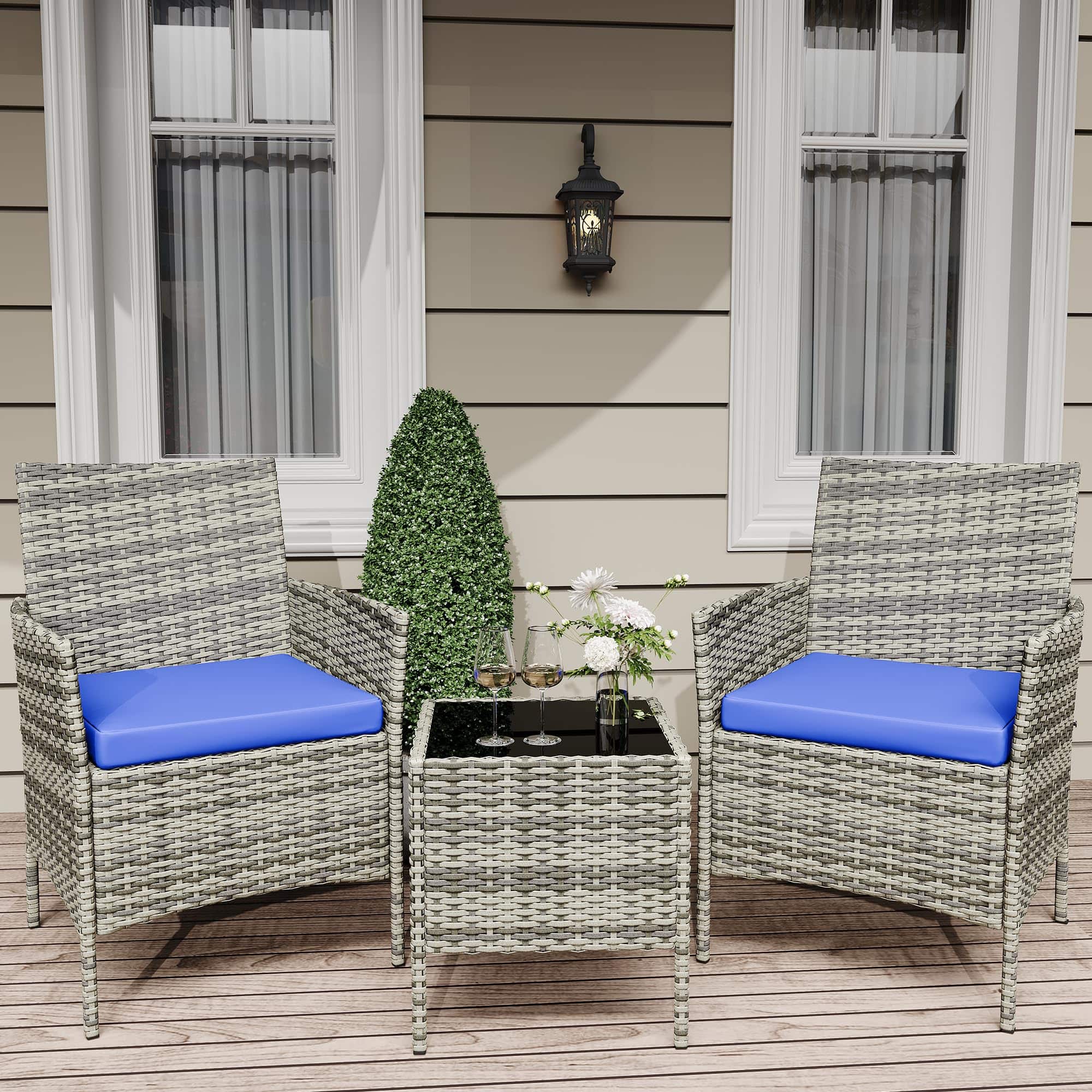 Homhougo - 3 Pieces Outdoor Patio Furniture Sets, Rattan Patio Table and Chairs Set Grey and - Blue