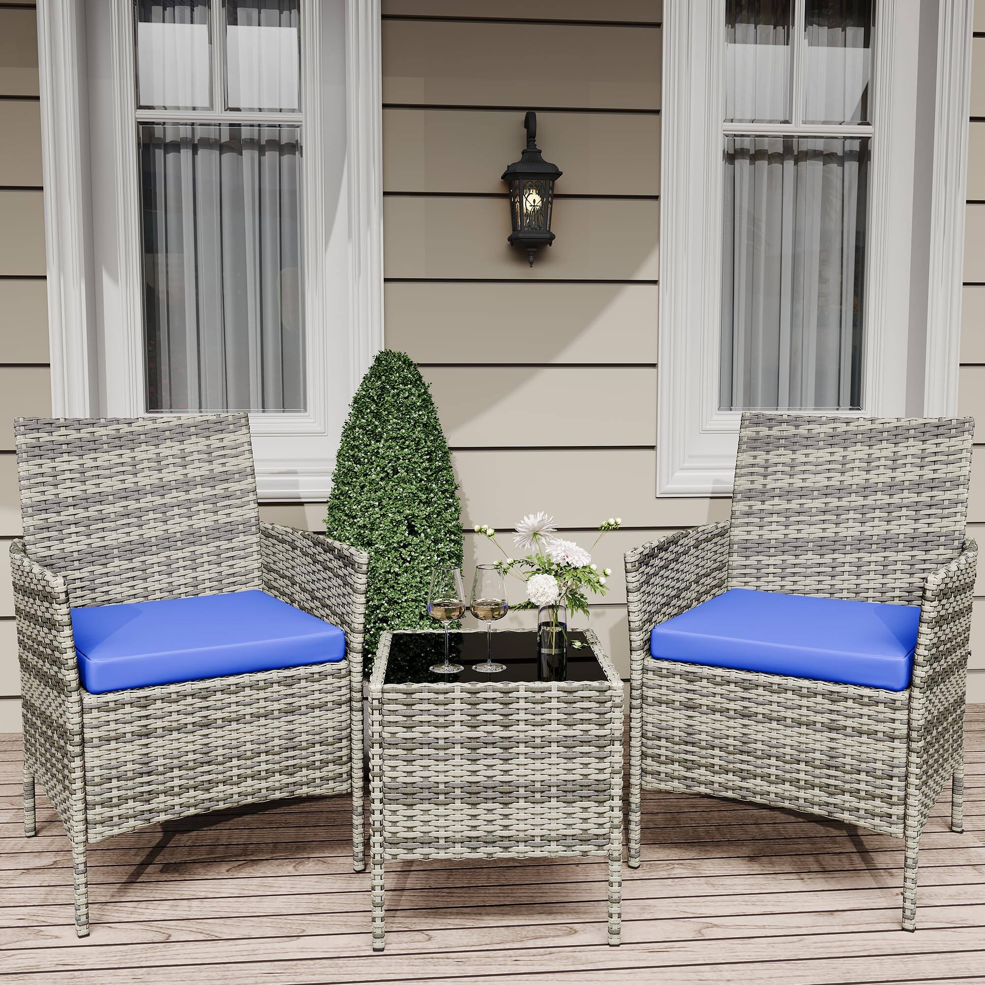 Front. Homhougo - 3 Pieces Outdoor Patio Furniture Sets, Rattan Patio Table and Chairs Set Grey and Blue - Blue.