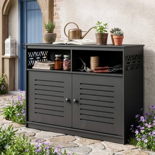 Alt View 7. Winado - Storage Cabinet PVC 2-in-1 Workstation, Patio Storage Box with Shelf, Doors for Indoor Outdoor Garden Balcony Garage - Black.