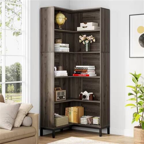 Back. SlickBlue - 71" Corner Shelf Bookcase with Wood Finish for Room Organization - Dark Grey.