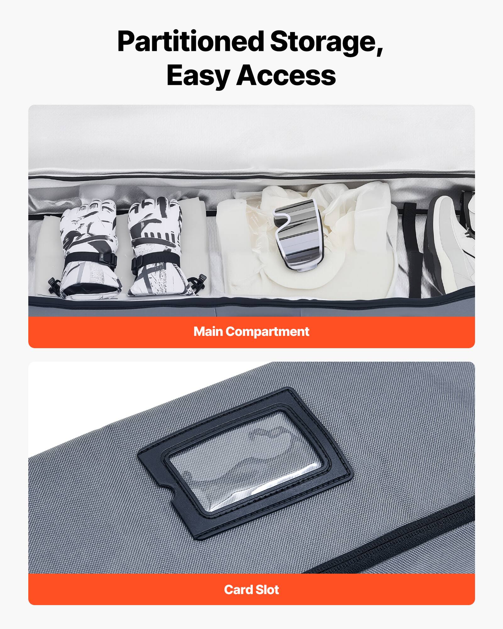 Partitioned Storage, Easy Access

Main Compartment

Card Slot