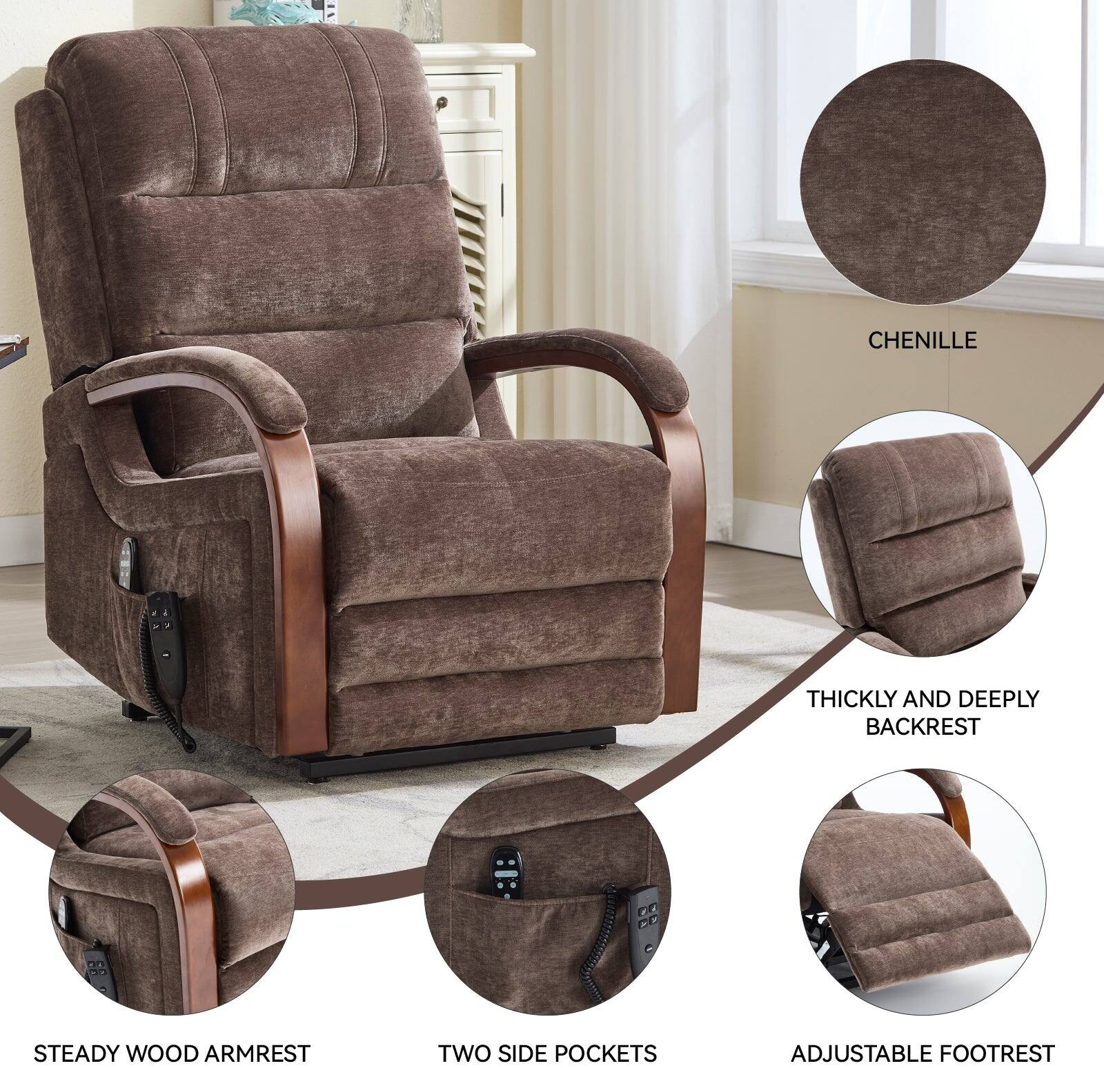 - Chenille
- Thickly and Deeply Backrest
- Steady Wood Armrest
- Two Side Pockets
- Adjustable Footrest