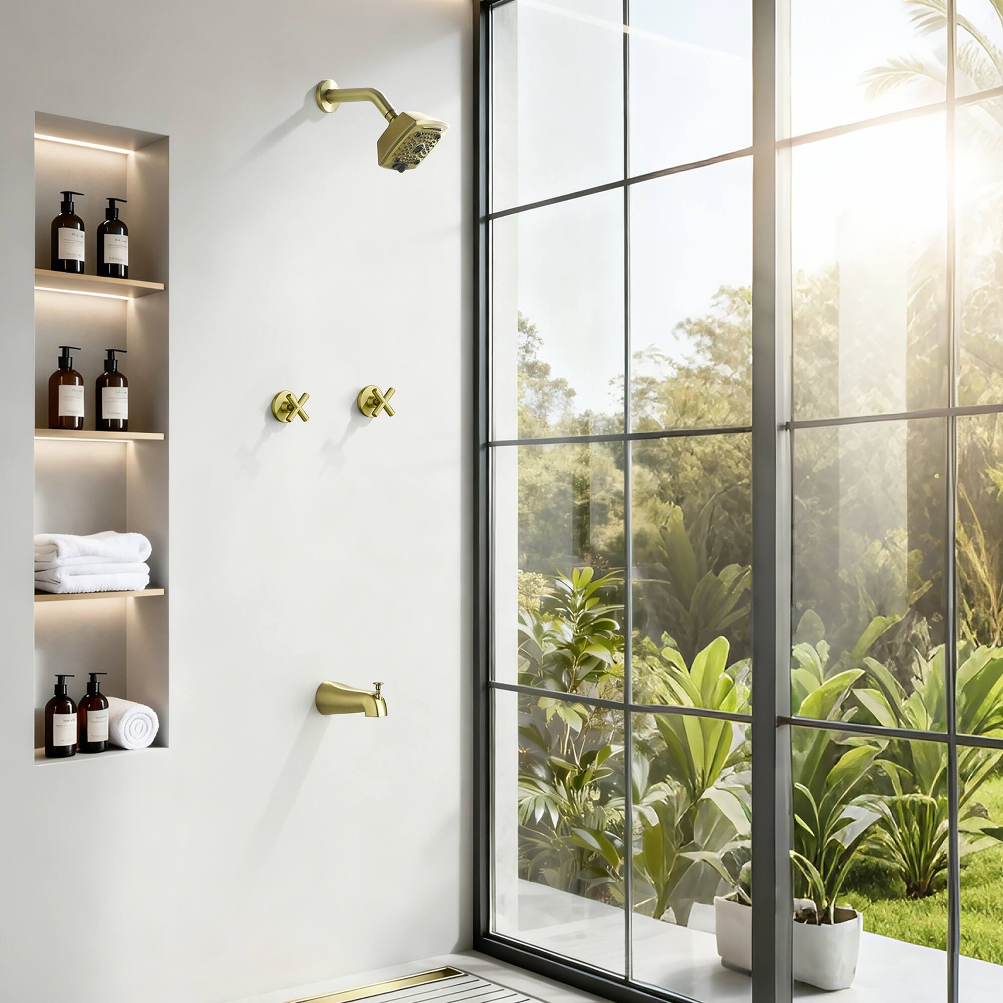Alt View 1. Boyel Living - Brushed Gold Tub and Shower Set Brass SUS304 Dual Handle 5-Function Top Spray High-Flow - Brushed Gold.
