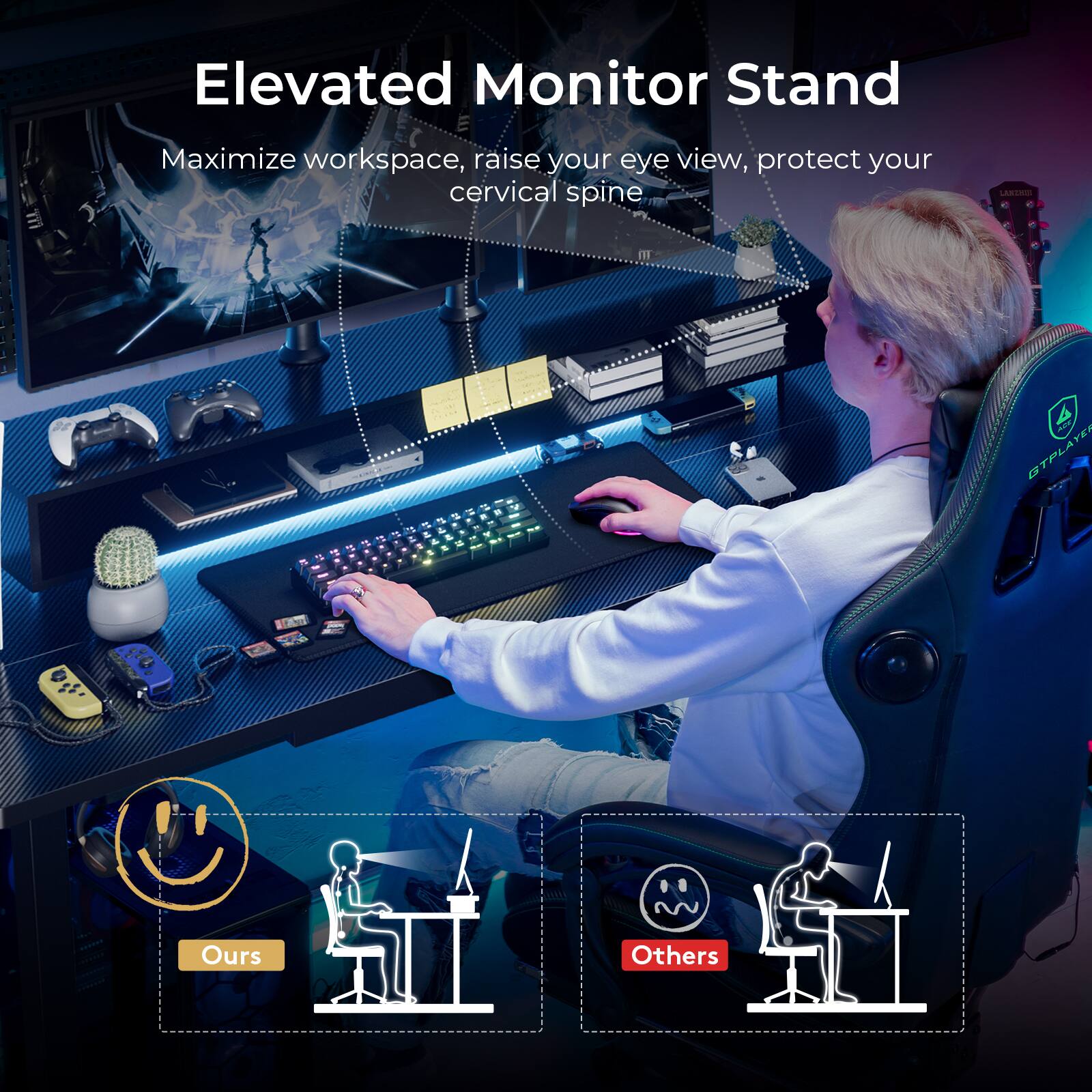 Elevated Monitor Stand

Maximize workspace, raise your eye view, protect your cervical spine

Ours

Others