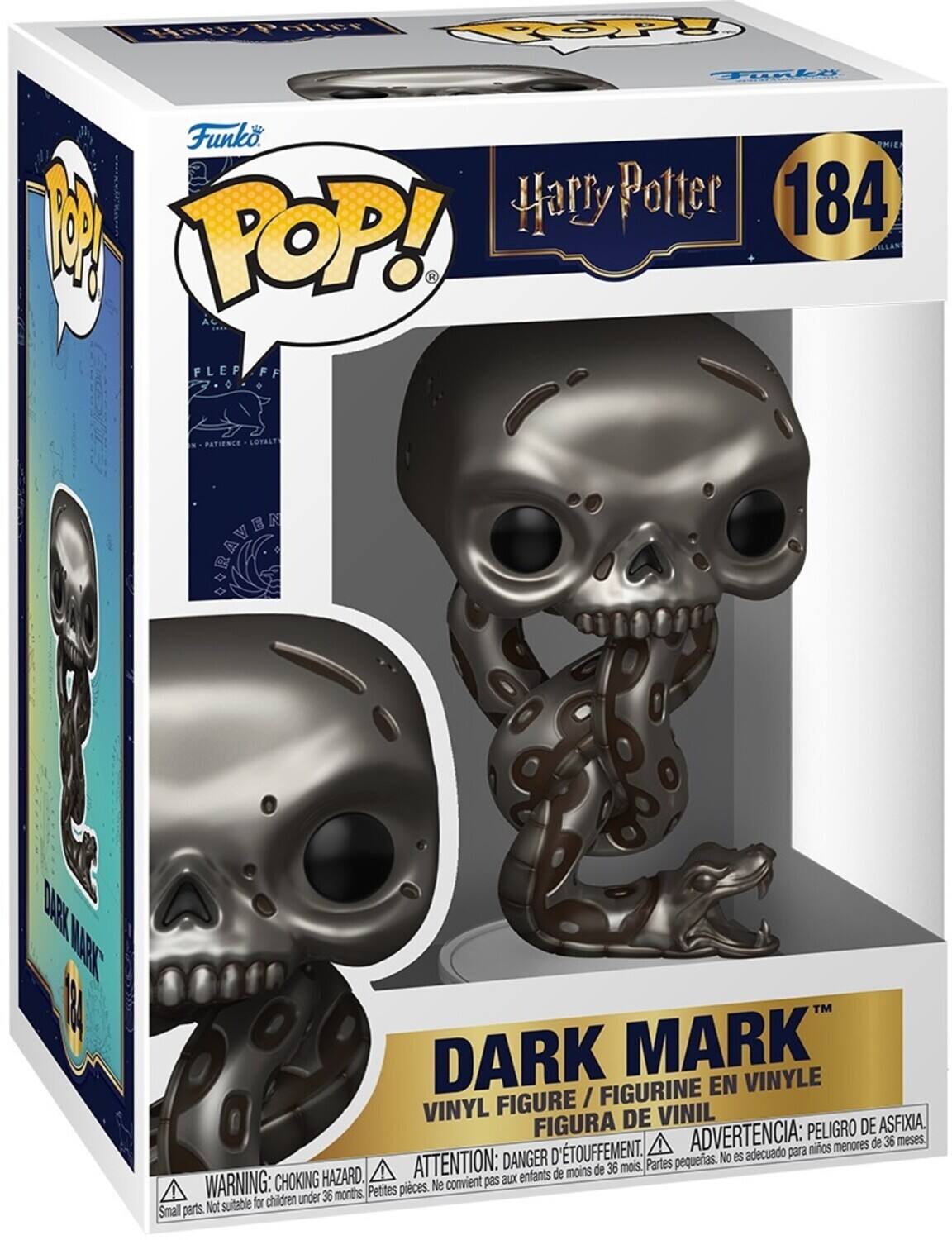 Sure, here is the corrected and grouped text from the image:

---

**Funko POP!**

**Harry Potter**

**184**

**DARK MARK**

**VINYL FIGURE / FIGURINE EN VINYLE / FIGURA DE VINIL**

**WARNING: CHOKING HAZARD. Small parts. Not suitable for children under 36 months.**

**ATTENTION: DANGER D'ÉTOUFFEMENT. Petites pièces. Ne convient pas aux enfants de moins de 36 mois.**

**ADVERTENCIA: PELIGRO DE ASFIXIA. No es adecuado para niños menores de 36 meses.**

**PATIENCE - LOYALTY**

**DARK MARK**

**184**

---

This text is organized to reflect the information on the packaging, including the brand, series, character, and safety warnings.