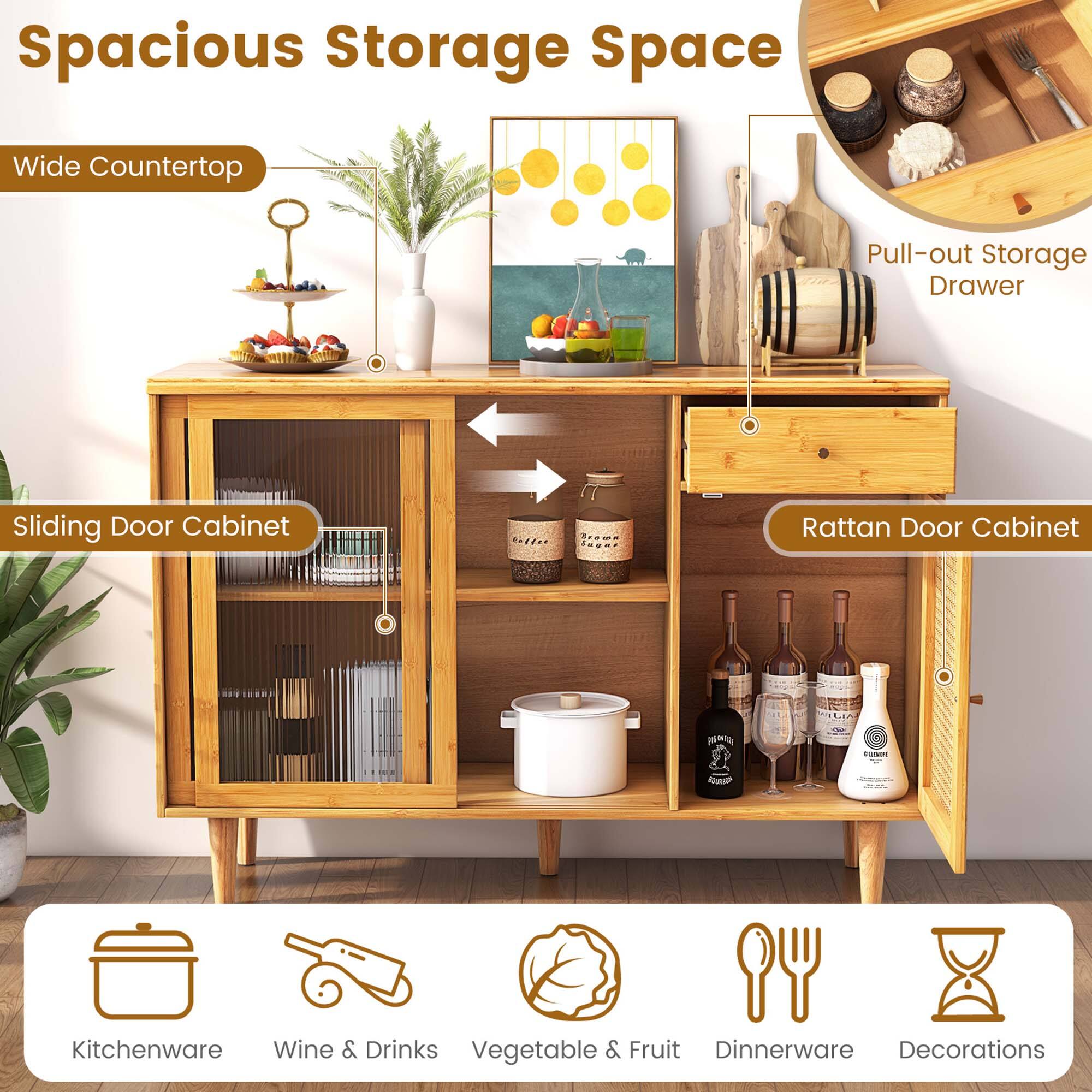 Spacious Storage Space: Wide Countertop, Pull-out Storage Drawer, Sliding Door Cabinet, Rattan Door Cabinet, Kitchenware, Wine & Drinks, Vegetable & Fruit, Dinnerware, Decorations.