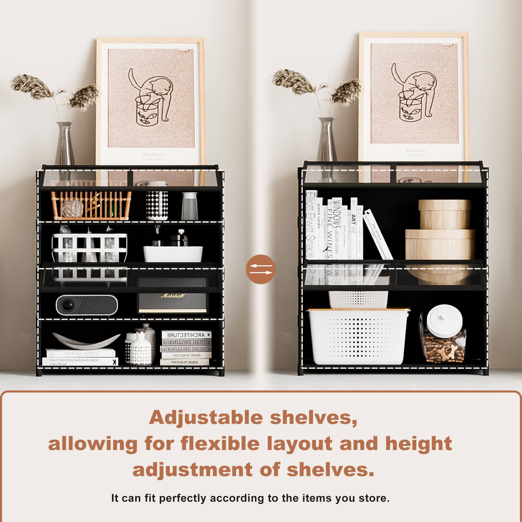 - 1 SUrTE Snaps 5 | FIN WINDOWS W | RC20M 7 ART E I Matshalt - NEQU SIRES - Soreroes - - K ARCHITECTURE 4 s  IU DE2R : ....  . . aa Adjustable shelves, allowing for flexible layout and height adjustment of shelves. It can fit perfectly according to the items you store.