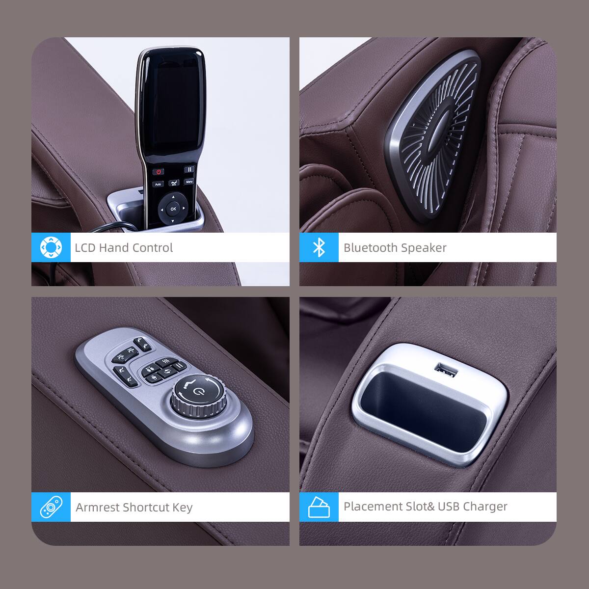 LCD Hand Control, Bluetooth Speaker, Armrest Shortcut Key, Placement Slot& USB Charger