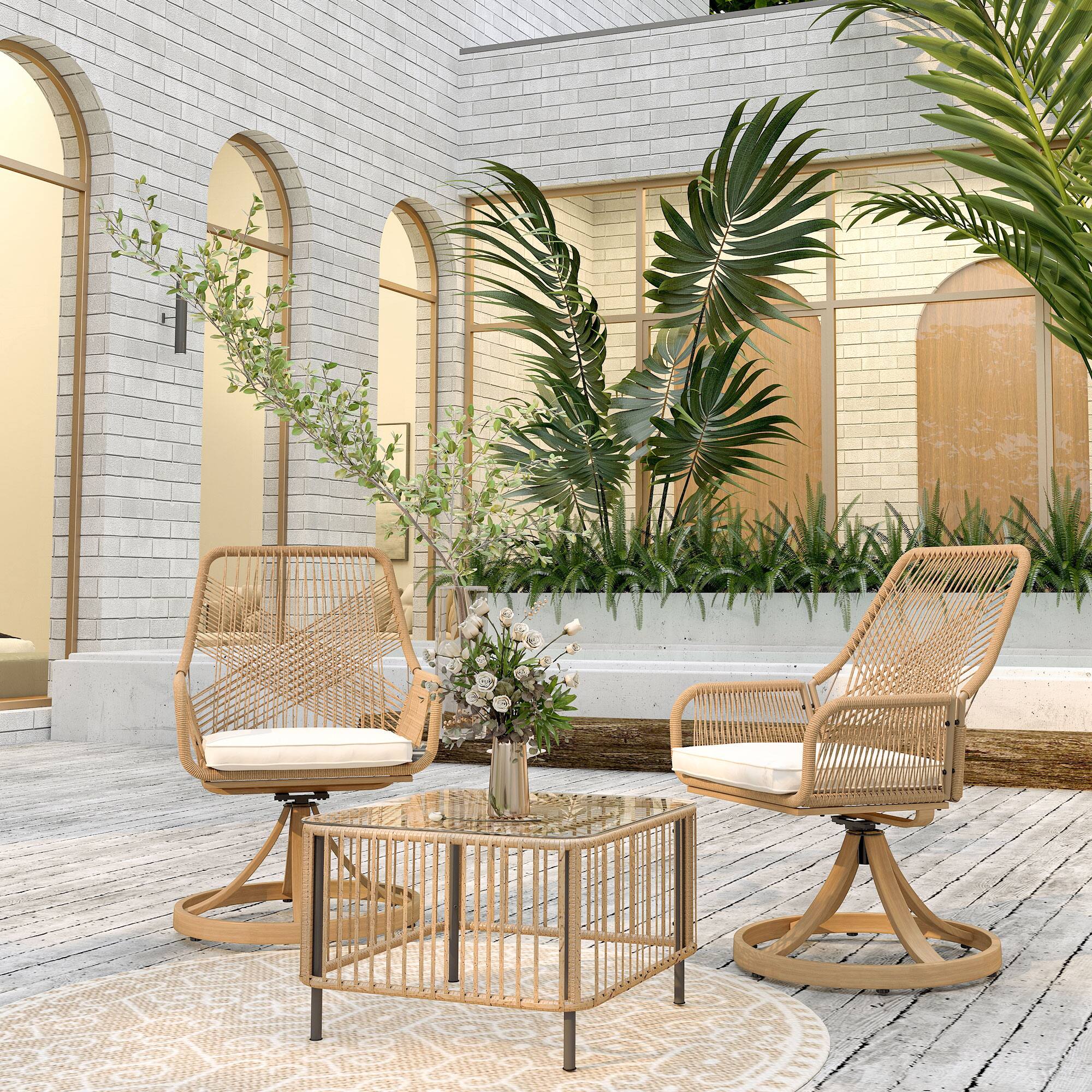 Alt View 8. Outsunny - Swivel Patio Chairs Set of 2, Rattan Outdoor Patio Dining Chairs with Soft Cushions and Metal Frame for Backyard, Lawn - Khaki.