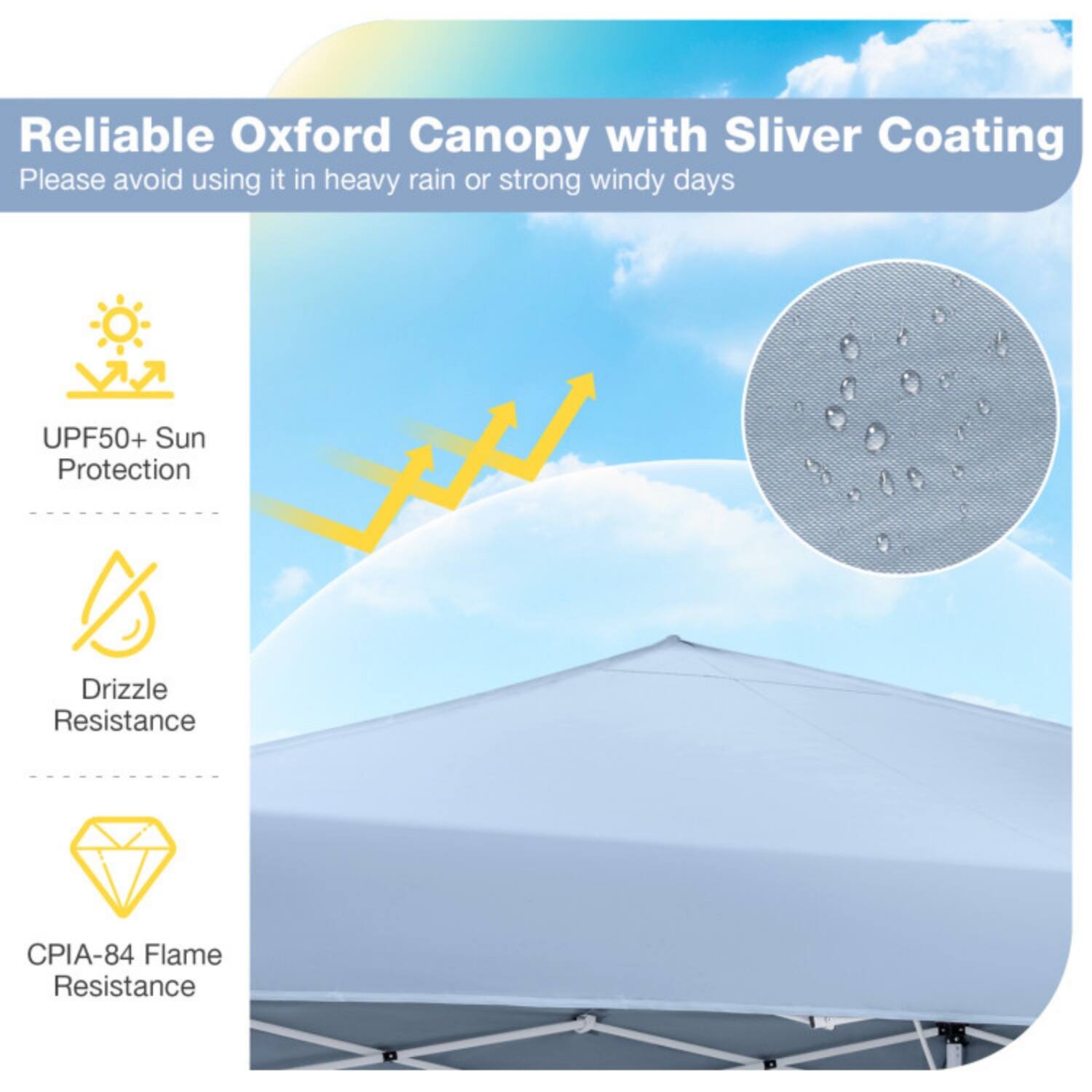 Reliable Oxford Canopy with Silver Coating  
Please avoid using it in heavy rain or strong windy days  

- UPF50+ Sun Protection  
- Drizzle Resistance  
- CPIA-84 Flame Resistance