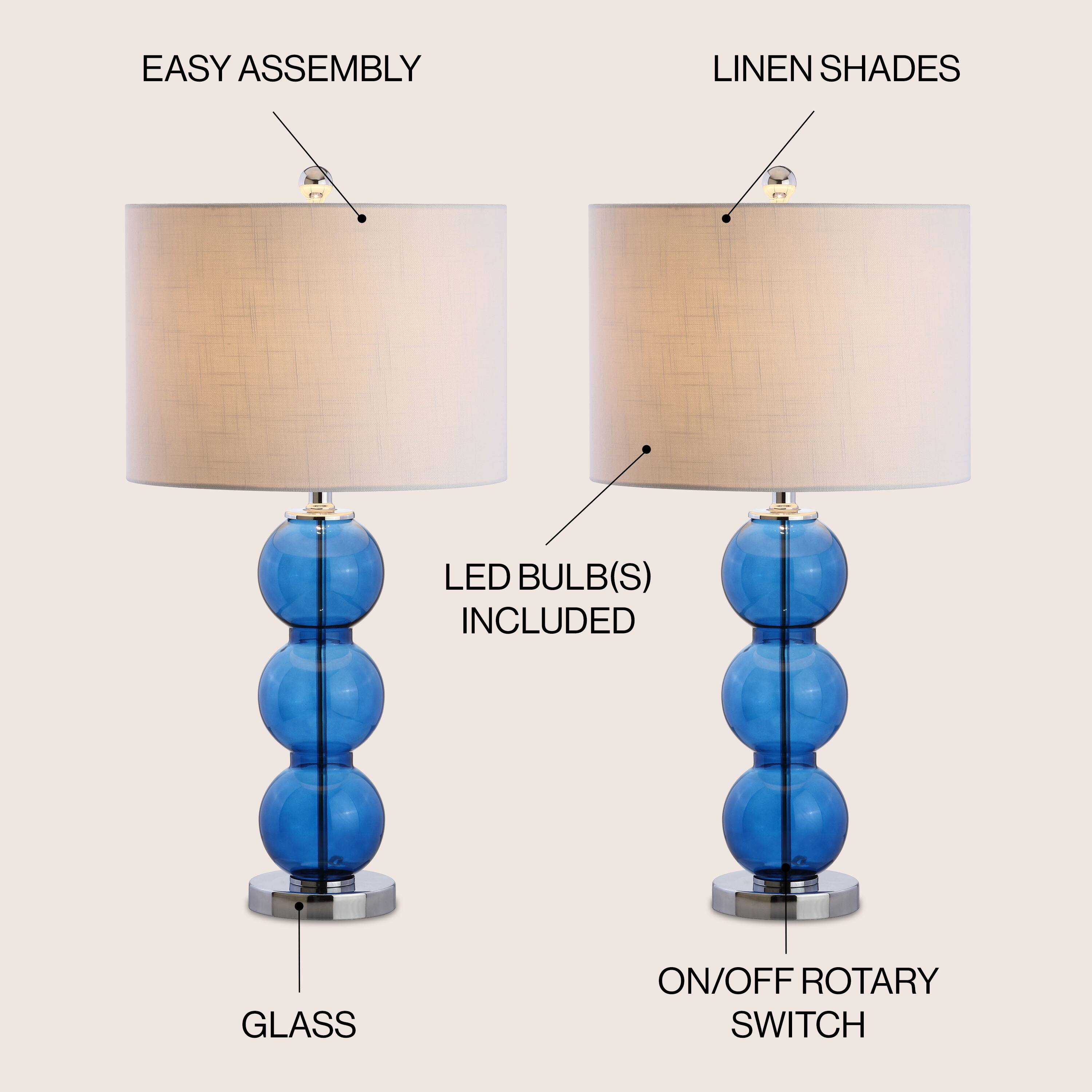 EASY ASSEMBLY  
LINEN SHADES  
LED BULB(S) INCLUDED  
GLASS  
ON/OFF ROTARY SWITCH