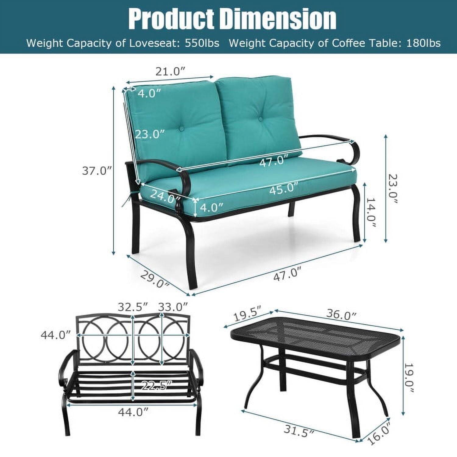 Product Dimension  
Weight Capacity of Loveseat: 550lbs  
Weight Capacity of Coffee Table: 180lbs  

- Loveseat:  
  - Height: 21.0"  
  - Depth: 47.0"  
  - Width: 45.0"  
  - Armrest Height: 23.0"  
  - Seat Height: 14.0"  
  - Seat Depth: 24.0"  
  - Back Height: 37.0"  
  - Armrest Width: 29.0"  

- Coffee Table:  
  - Height: 19.5"  
  - Depth: 36.0"  
  - Width: 31.5"  
  - Seat Height: 16.0"  

- Bench:  
  - Height: 32.5"  
  - Depth: 44.0"  
  - Width: 44.0"  
  - Seat Height: 22.5"