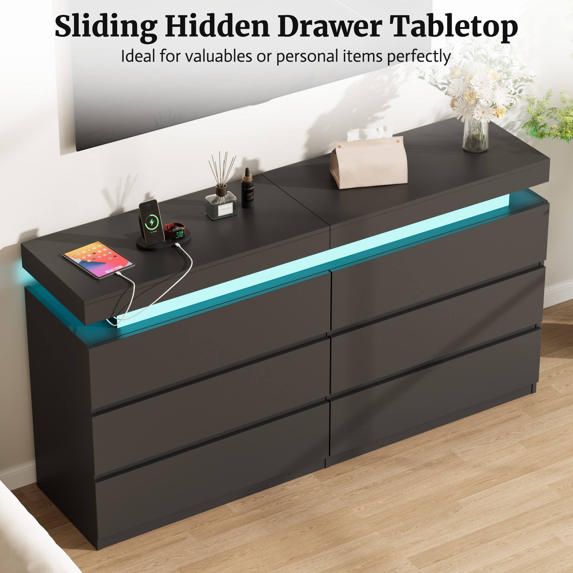 Sliding Hidden Drawer Tabletop  
Ideal for valuables or personal items perfectly