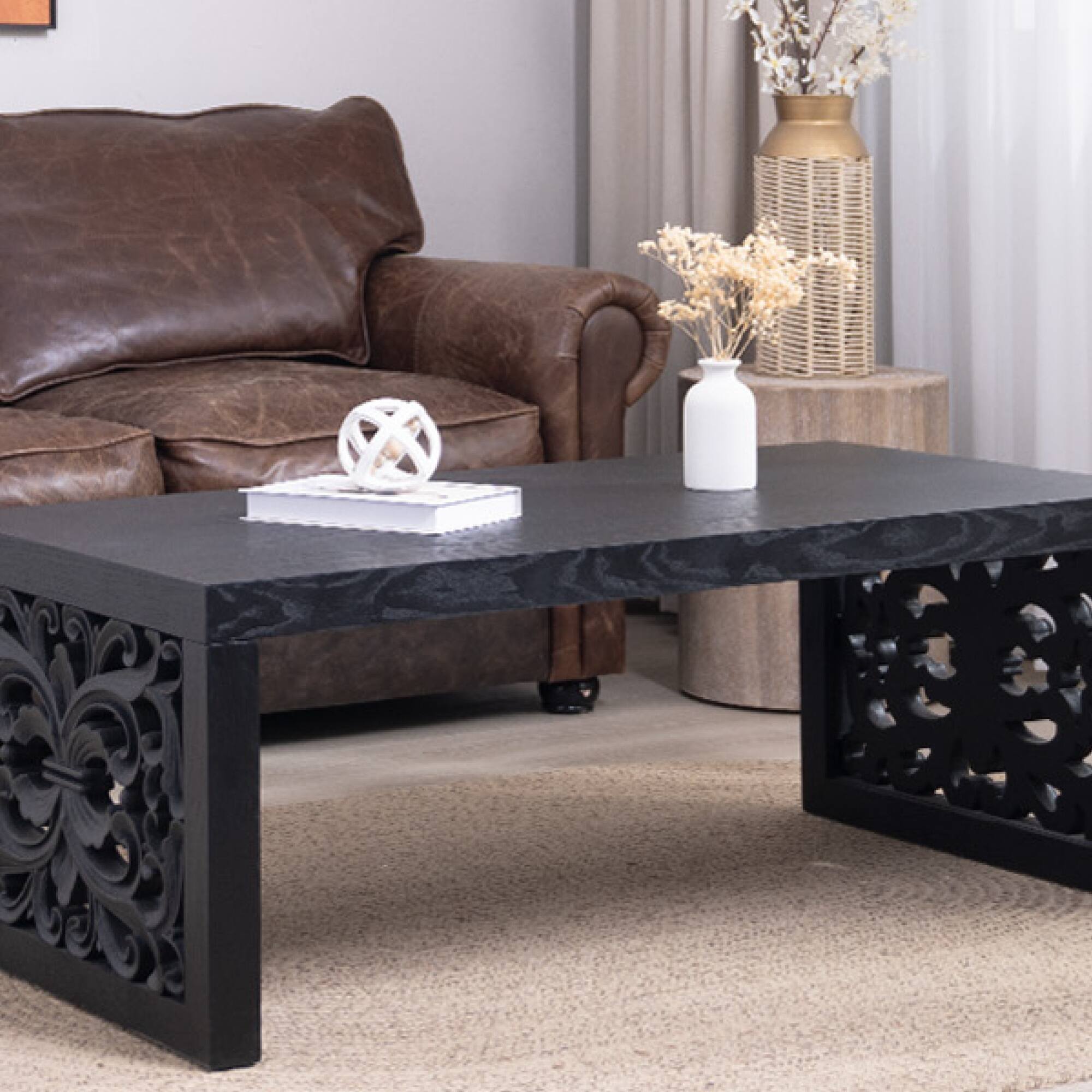 Alt View 5. GOODSILO - Handcrafted Rustic Wood Coffee Table with Ornate Side Panels and Natural Finish - Black.