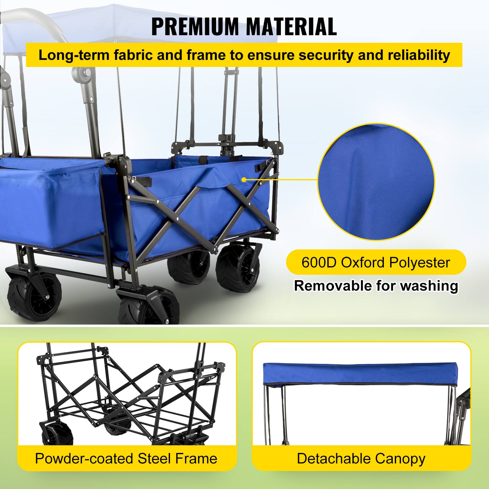 **PREMIUM MATERIAL**

- Long-term fabric and frame to ensure security and reliability

- 600D Oxford Polyester
  - Removable for washing

- Powder-coated Steel Frame

- Detachable Canopy