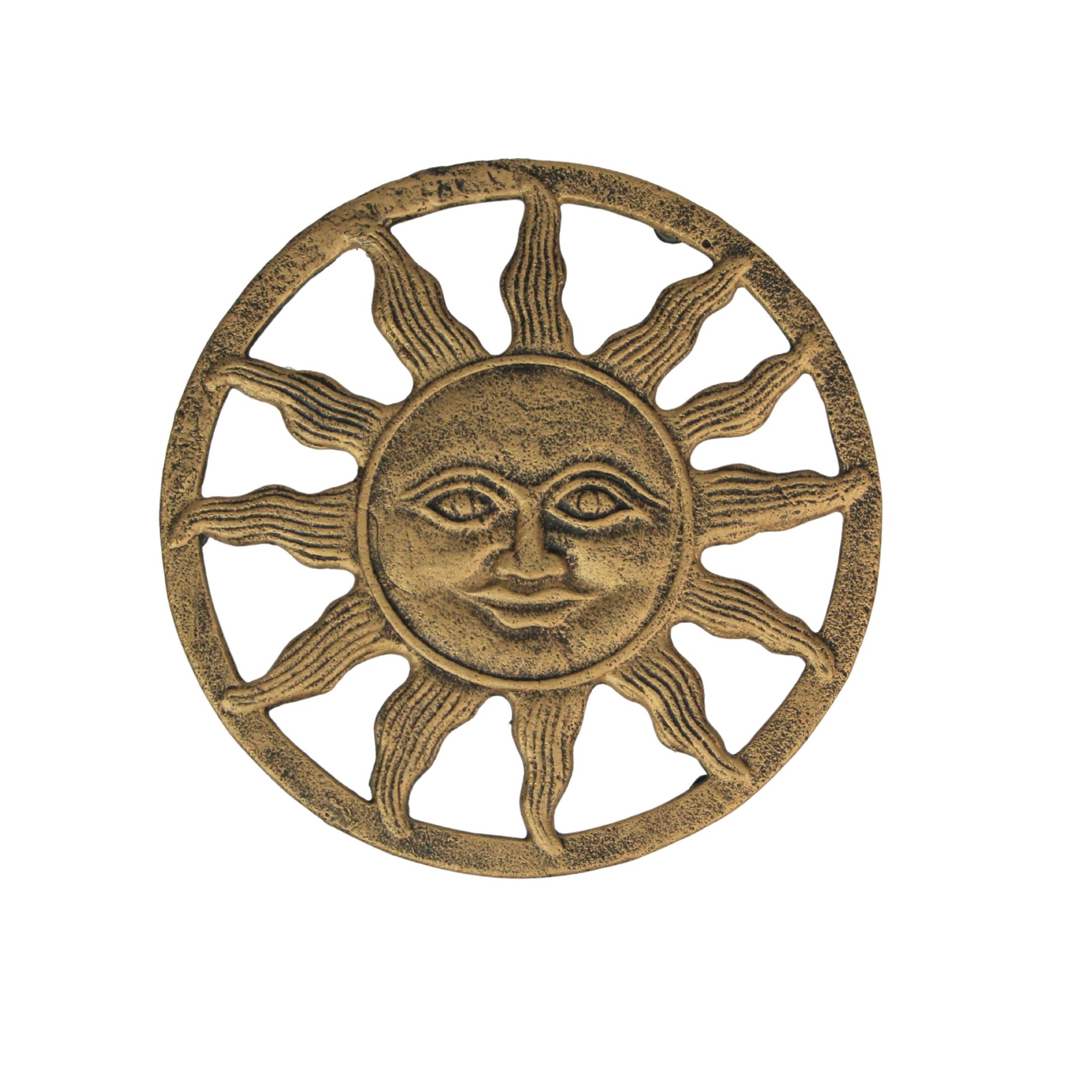 Front. Zeckos - Cast Iron Sun Face Trivet – Distressed Gold Finish, Heat-Resistant Kitchen Decor - Gold.