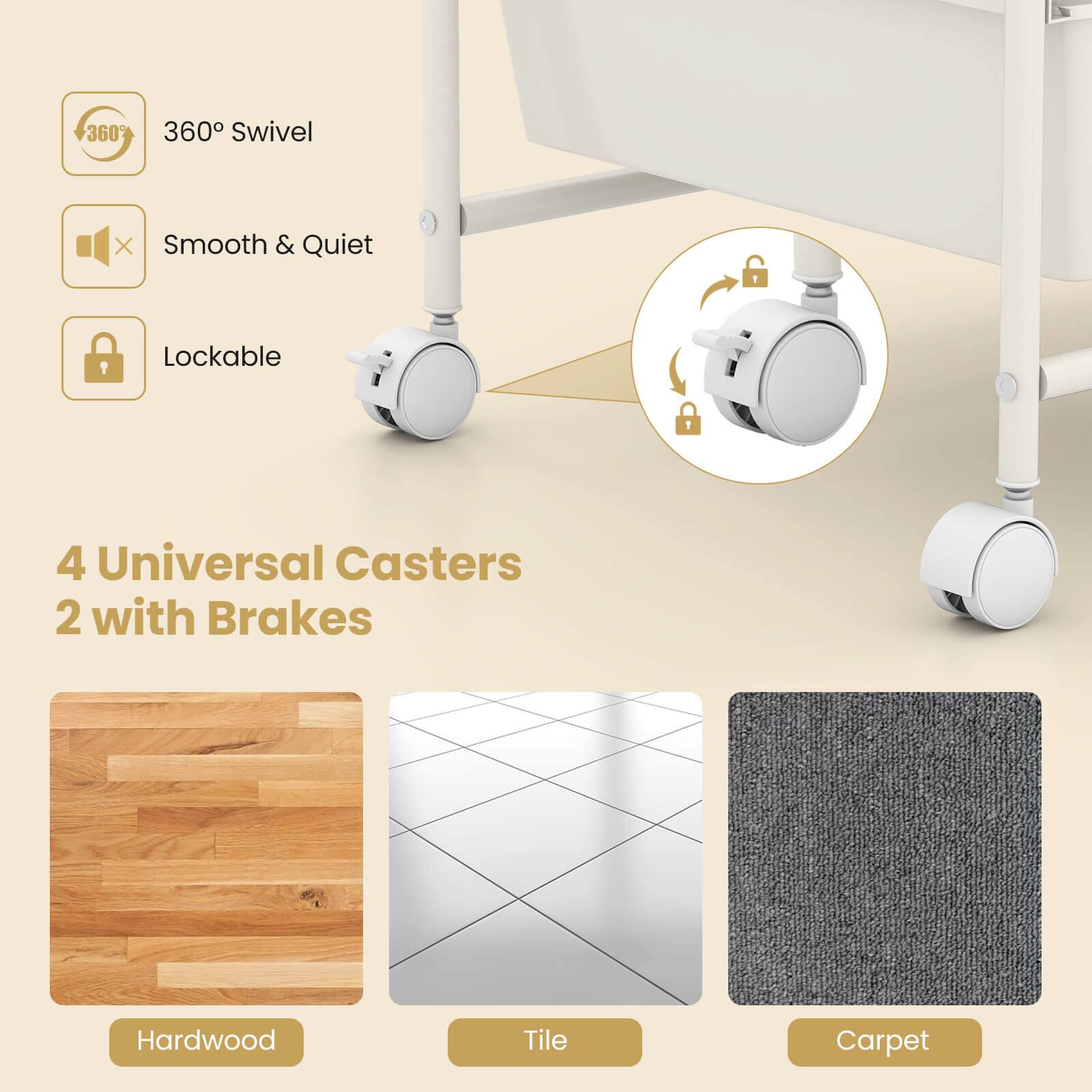 360° Swivel  
Smooth & Quiet  
Lockable  
4 Universal Casters  
2 with Brakes  
Hardwood  
Tile  
Carpet