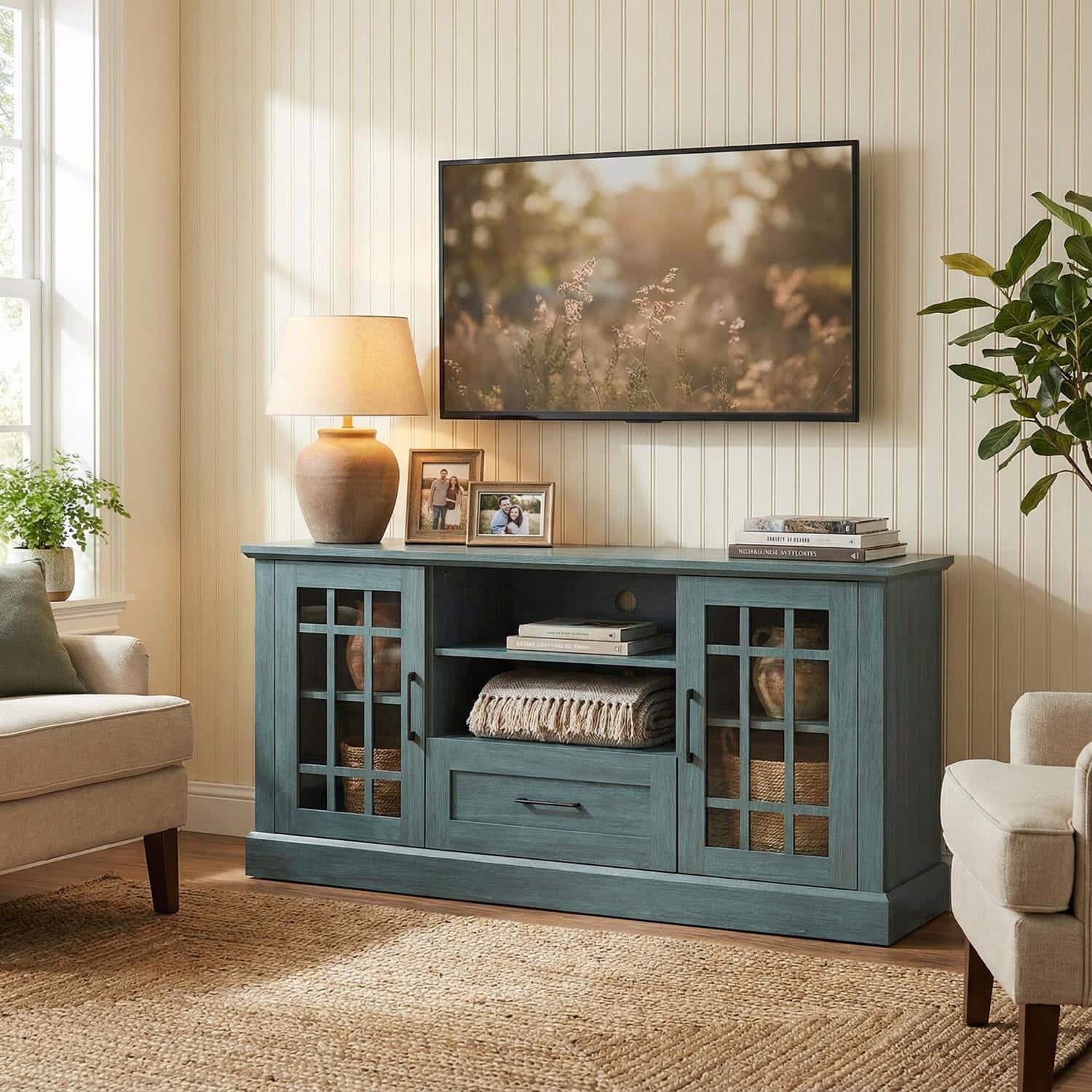 Pefilos - TV for TVs up to 70 with Glass Doors Cubbies Drawer, Modern Farmhouse Entertainment Cable Living Room, TV Stand - Green