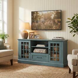 Pefilos - TV for TVs up to 70 with Glass Doors Cubbies Drawer, Modern Farmhouse Entertainment Cable Living Room, TV Stand - Green