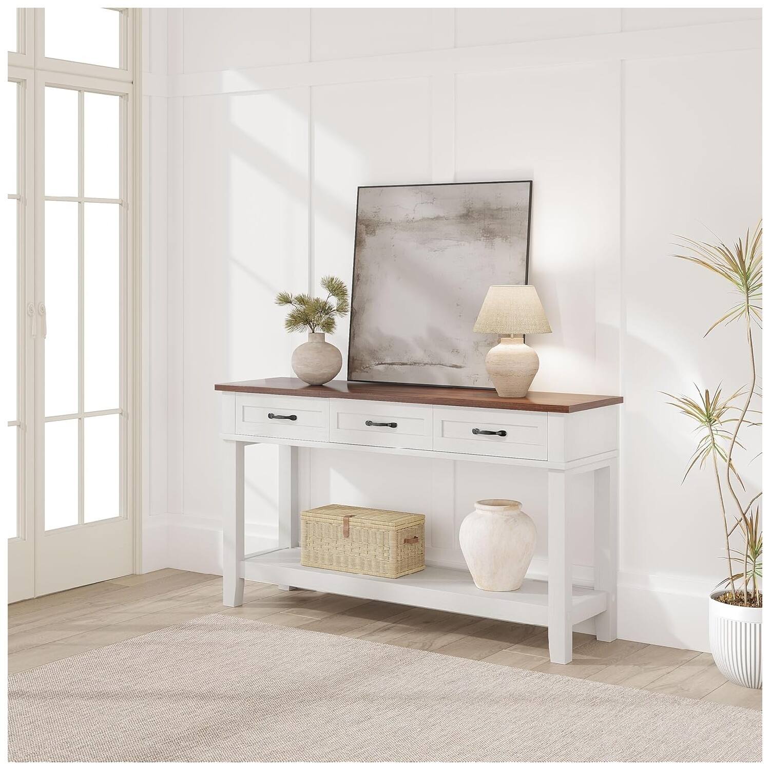 Back. GARVEE - Entryway Table, Console Table with 3 Storage Drawers, Hallway Tables for Entryway - Brown and White.