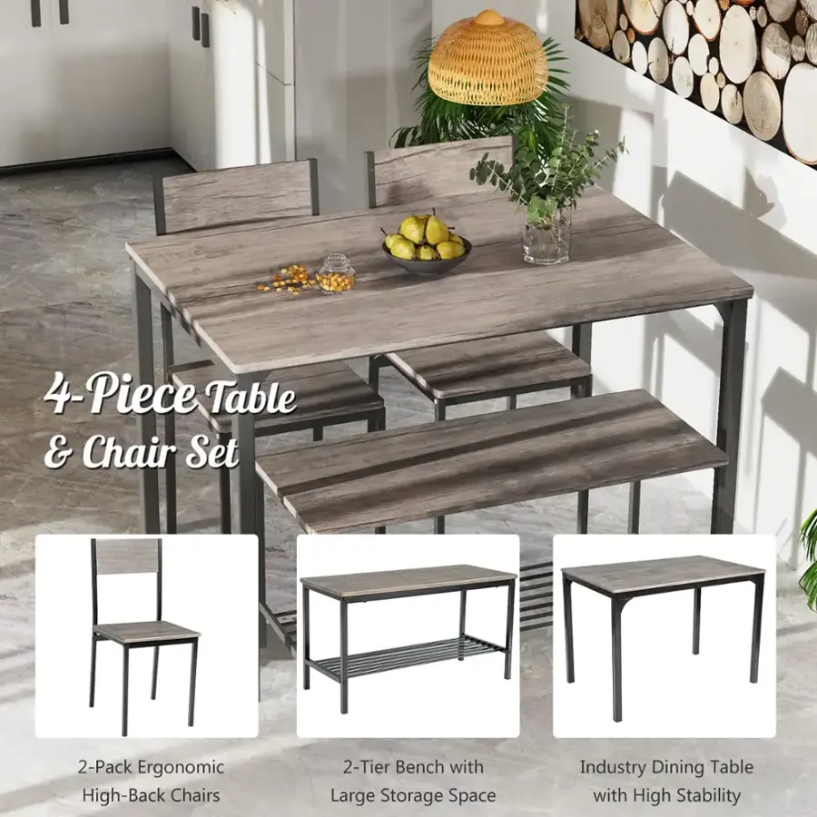 4-Piece Table & Chair Set: 2-Pack Ergonomic High-Back Chairs, 2-Tier Bench with Large Storage Space, Industry Dining Table with High Stability.