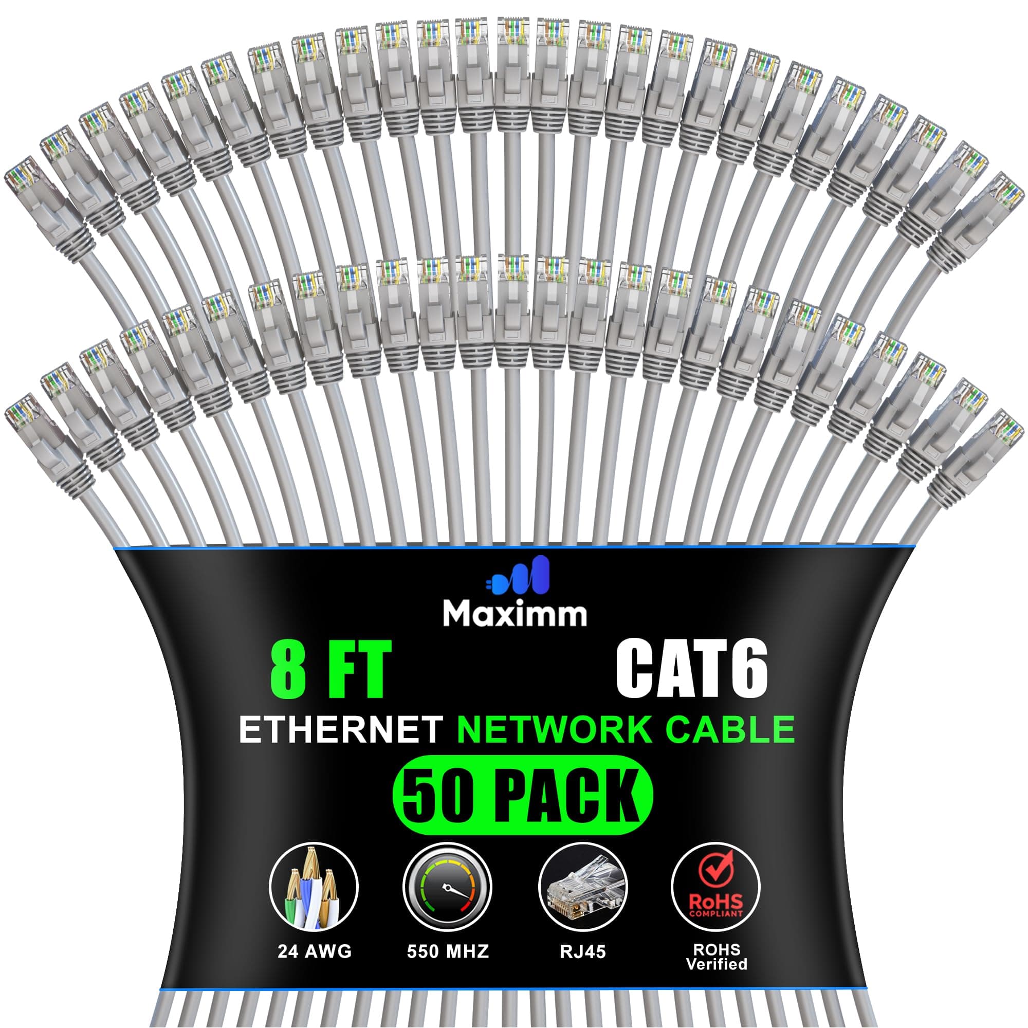 Maximm - Cat 6 Ethernet Cable 8 ft (50-Pack) - UTP, 10Gbps, 550MHz
