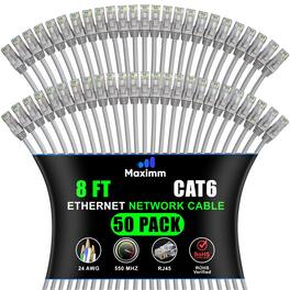 Maximm - Cat 6 Ethernet Cable 8 ft (50-Pack) - UTP, 10Gbps, 550MHz