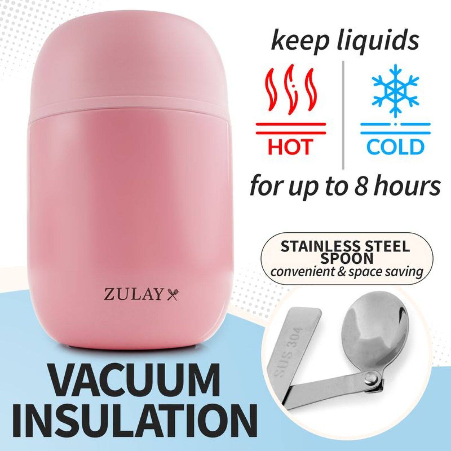 ZULAY, VACUUM INSULATION, STAINLESS STEEL SPOON, keep liquids HOT COLD for up to 8 hours, convenient & space saving, 304 SUS