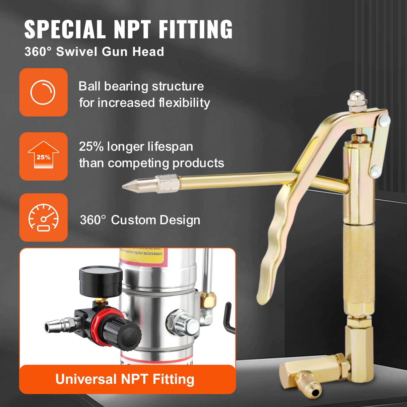 SPECIAL NPT FITTING  
360° Swivel Gun Head  

- Ball bearing structure for increased flexibility  
- 25% longer lifespan than competing products  
- 360° Custom Design  

Universal NPT Fitting
